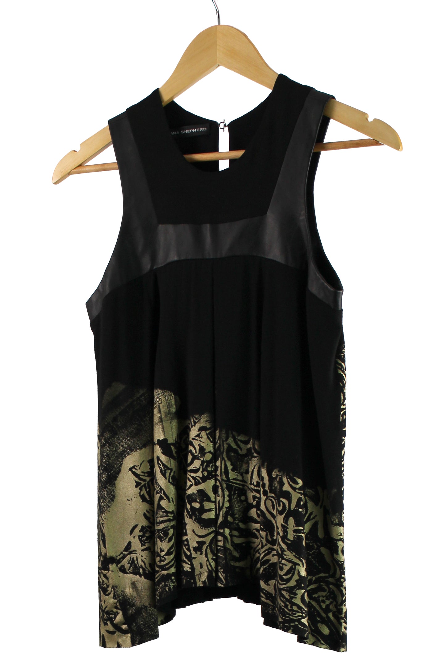 Sleeveless Black Rayon Top with Gold Print