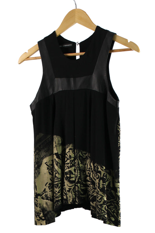 Sleeveless Black Rayon Top with Gold Print