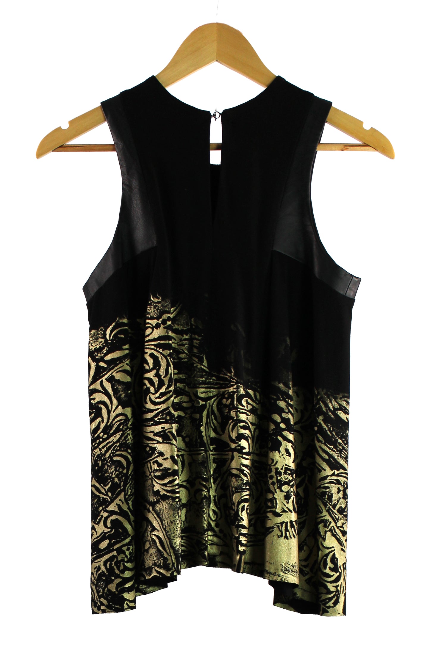Sleeveless Black Rayon Top with Gold Print