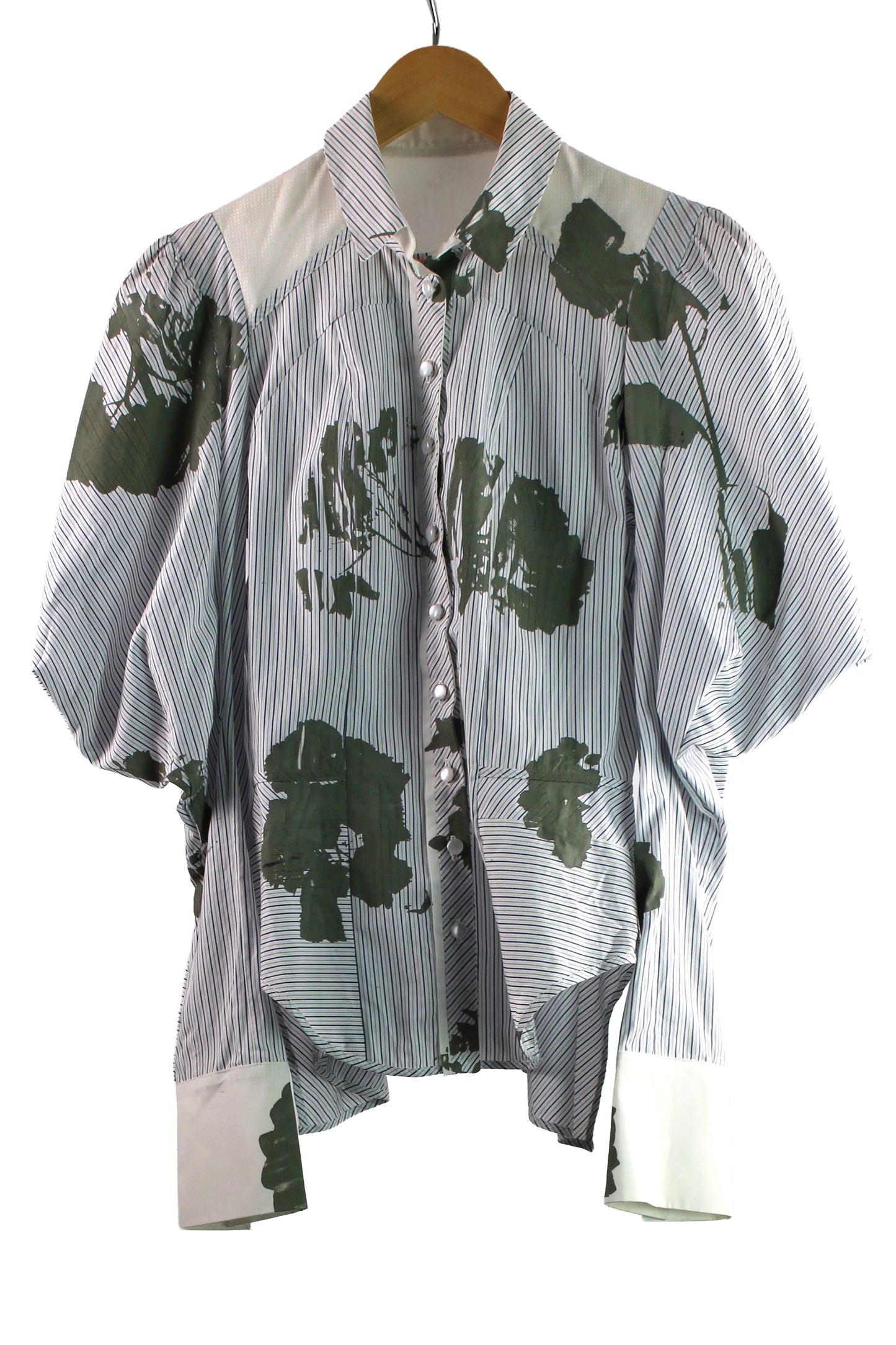 Blue Pinstripe Cotton Shirt with Grey Floral Print
