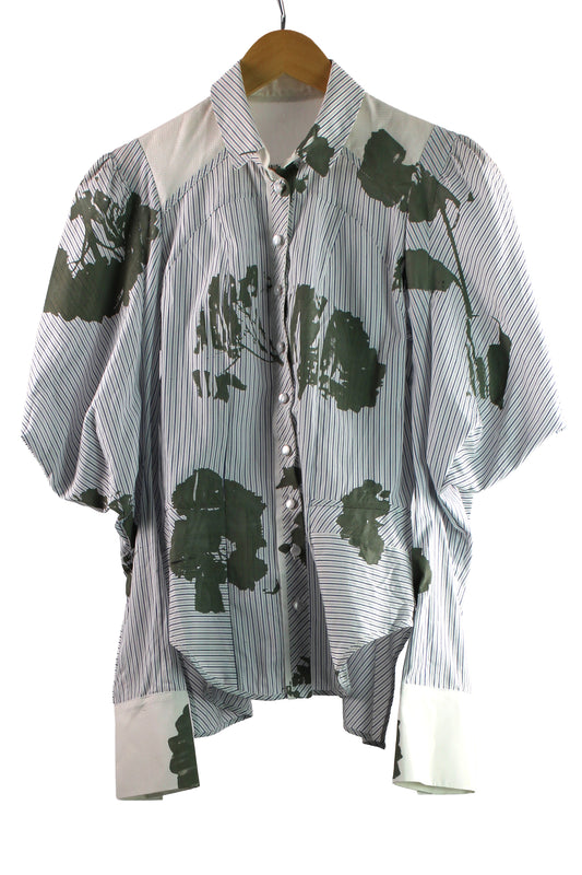 Blue Pinstripe Cotton Shirt with Grey Floral Print