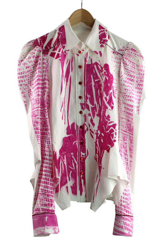 Long Sleeve White Cotton Blouse with Fuchsia  Floral Print