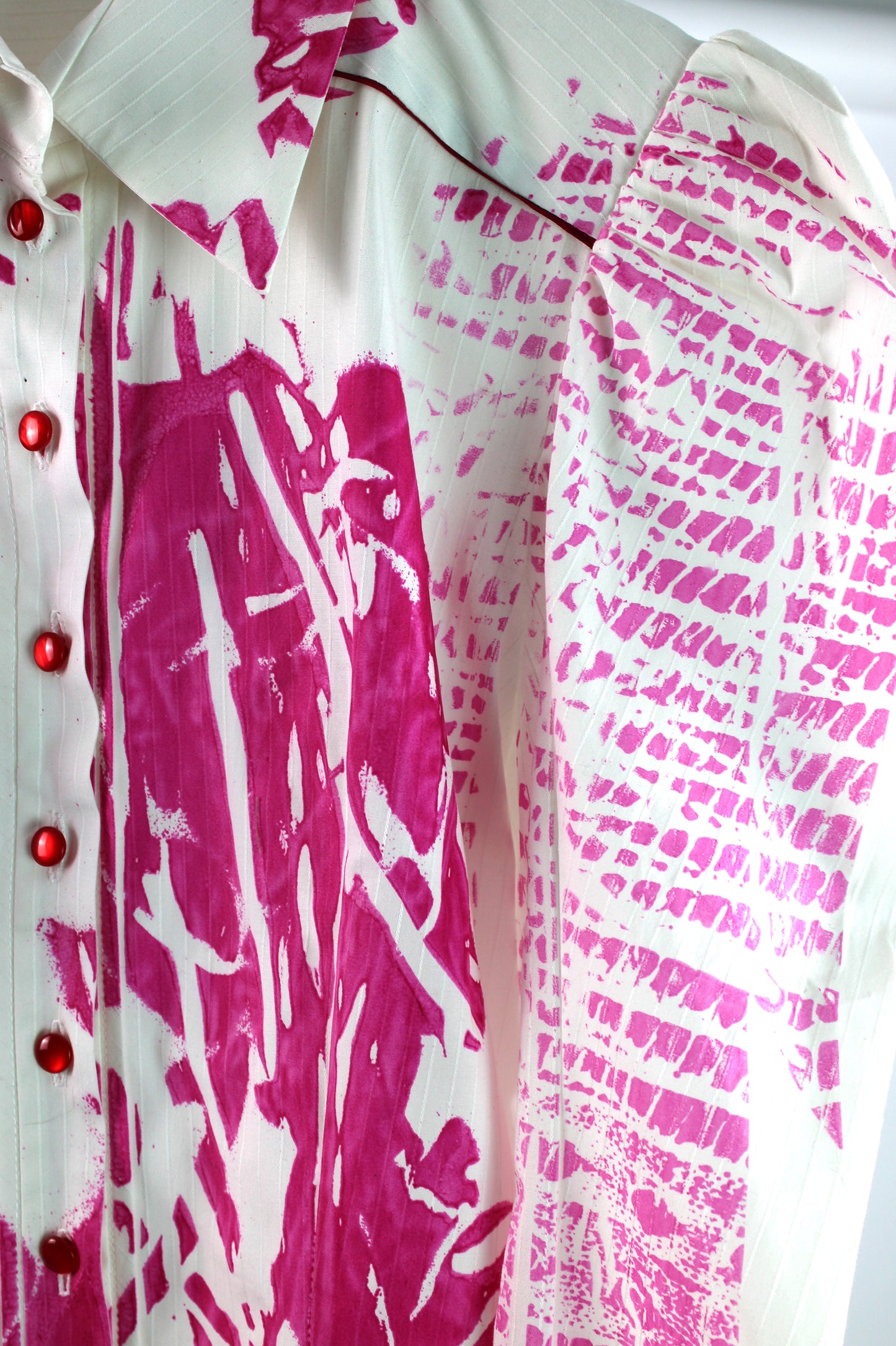 Long Sleeve White Cotton Blouse with Fuchsia  Floral Print