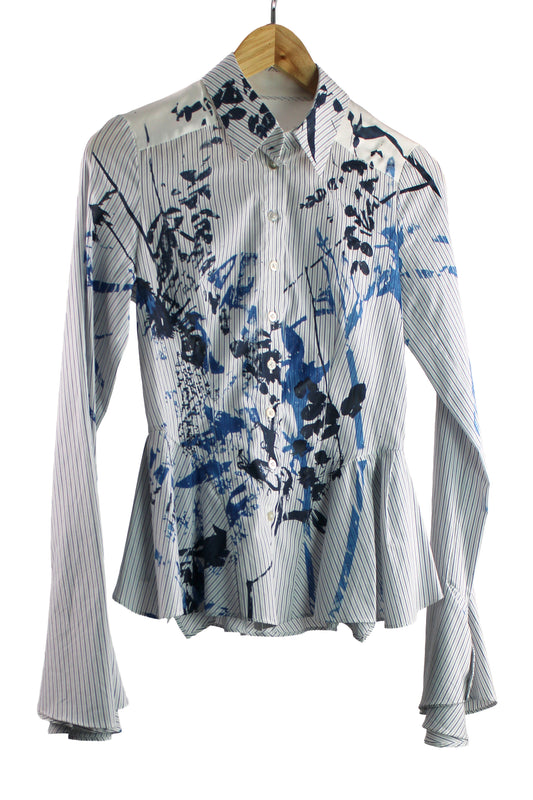 Long Sleeve Blue Pinstripe Cotton Shirt with Blue Floral Print