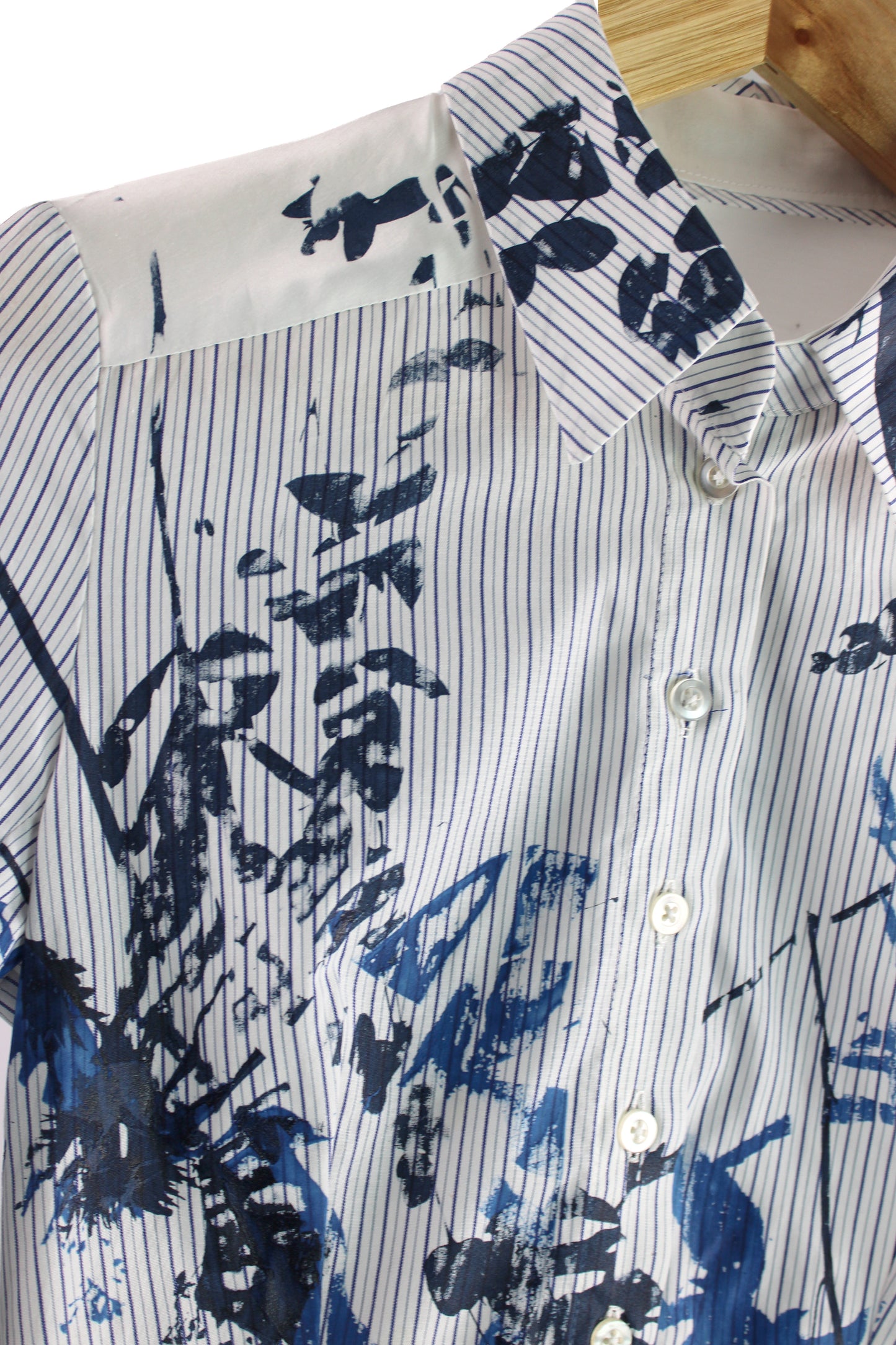 Long Sleeve Blue Pinstripe Cotton Shirt with Blue Floral Print