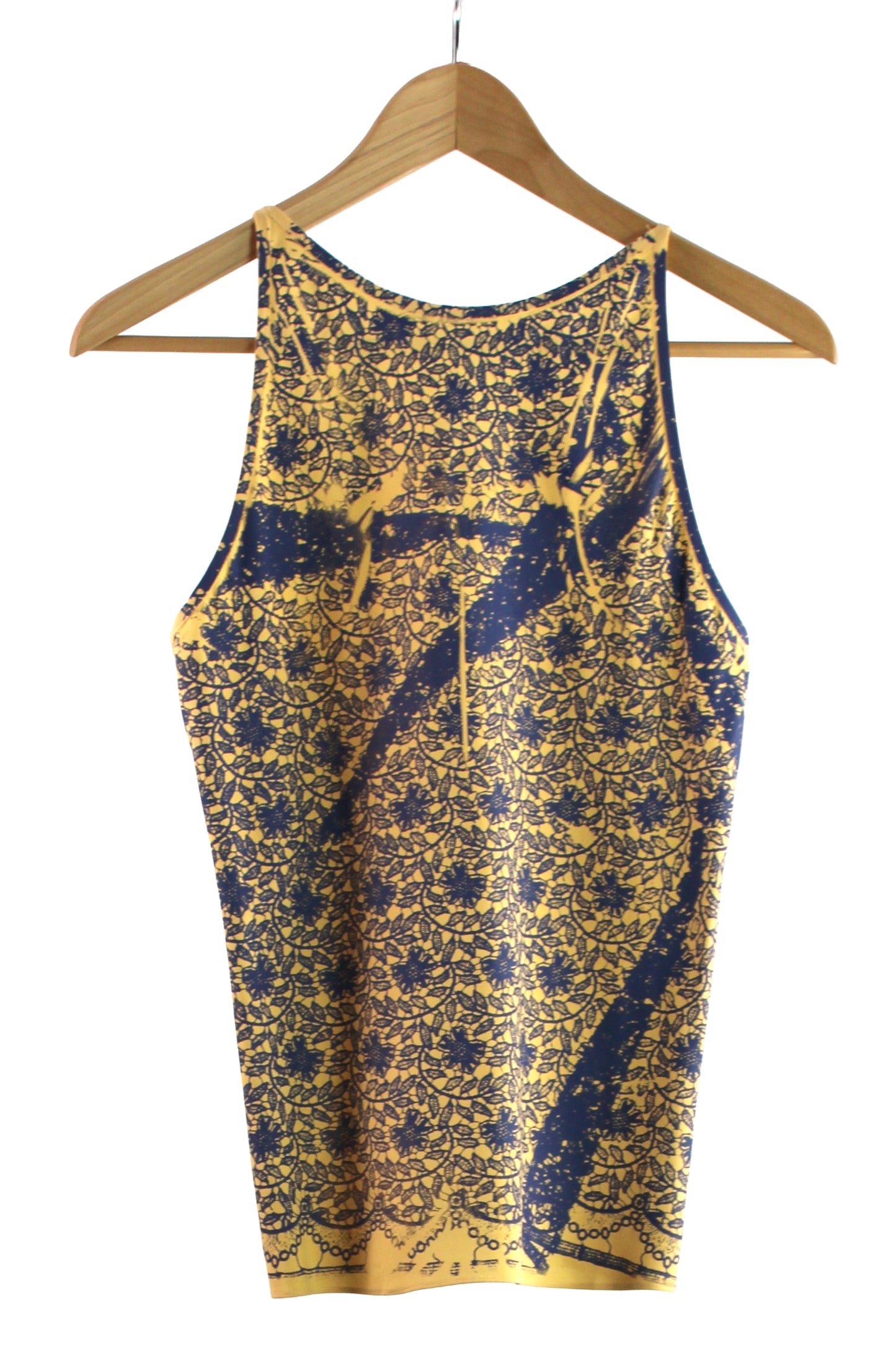 Yellow Viscose Razorback Tank with Opaque Navy Lace Print
