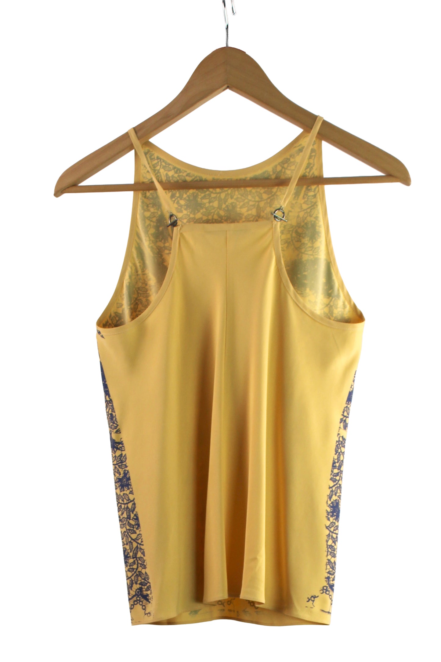 Yellow Viscose Razorback Tank with Opaque Navy Lace Print