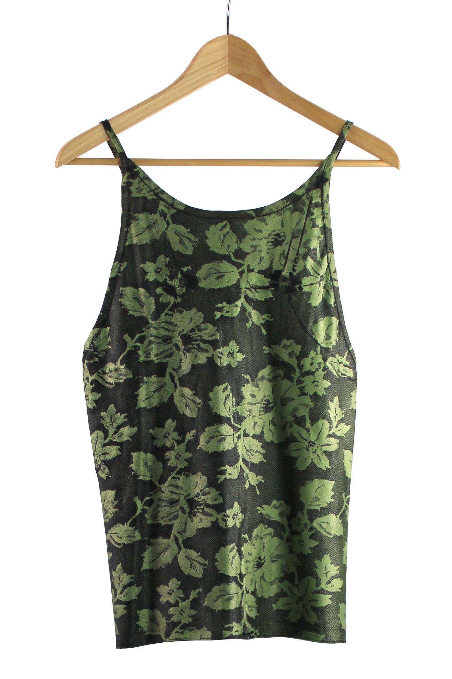 Black Cotton Razorback Top with Metallic Green Lace Print