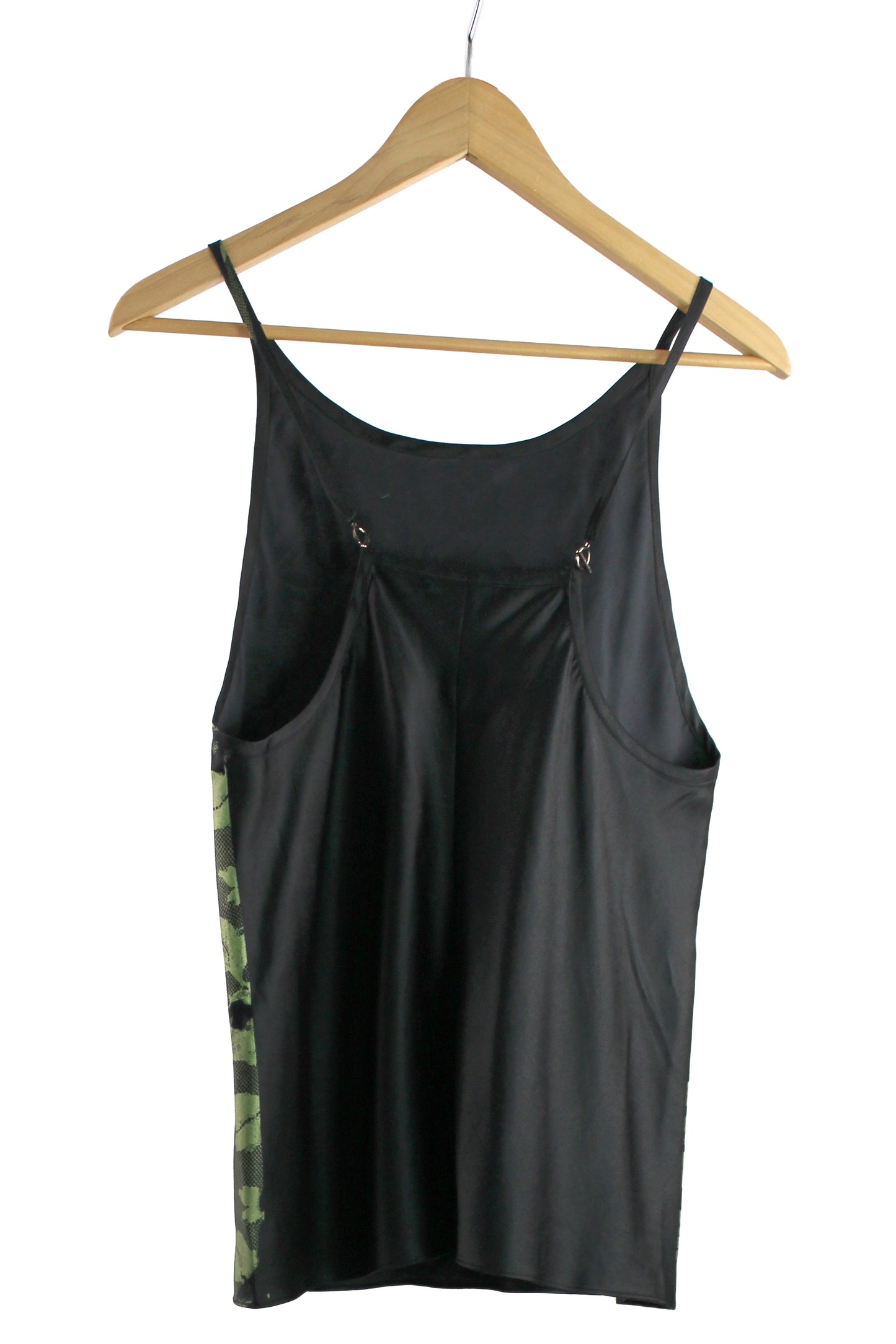 Black Cotton Razorback Top with Metallic Green Lace Print