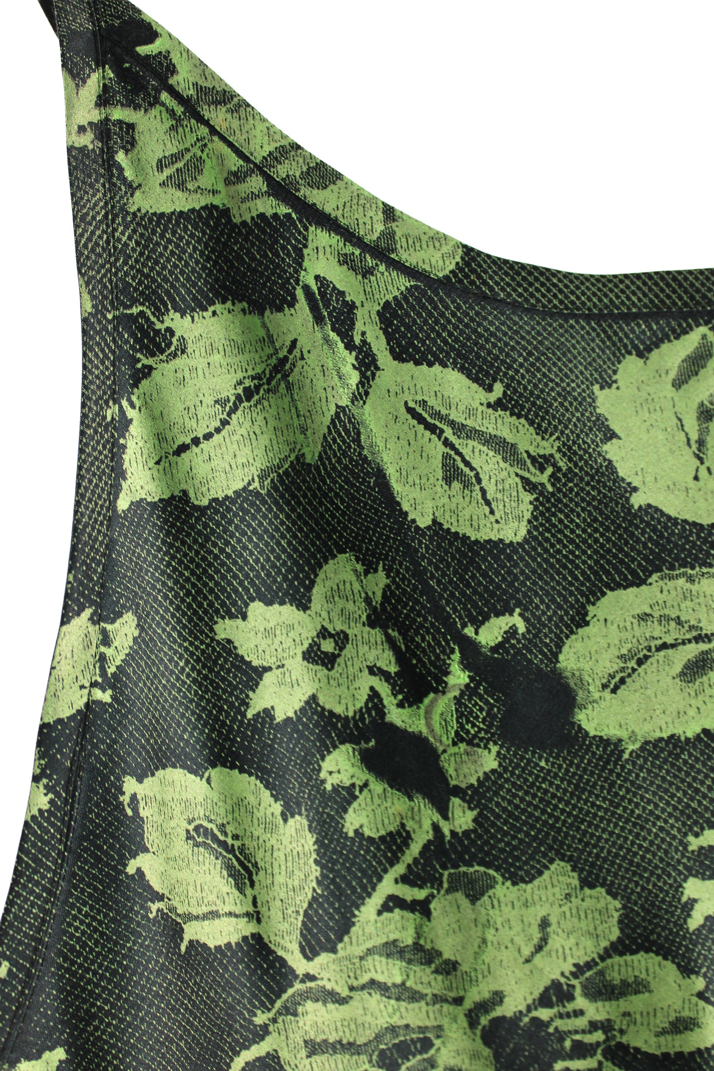 Black Cotton Razorback Top with Metallic Green Lace Print