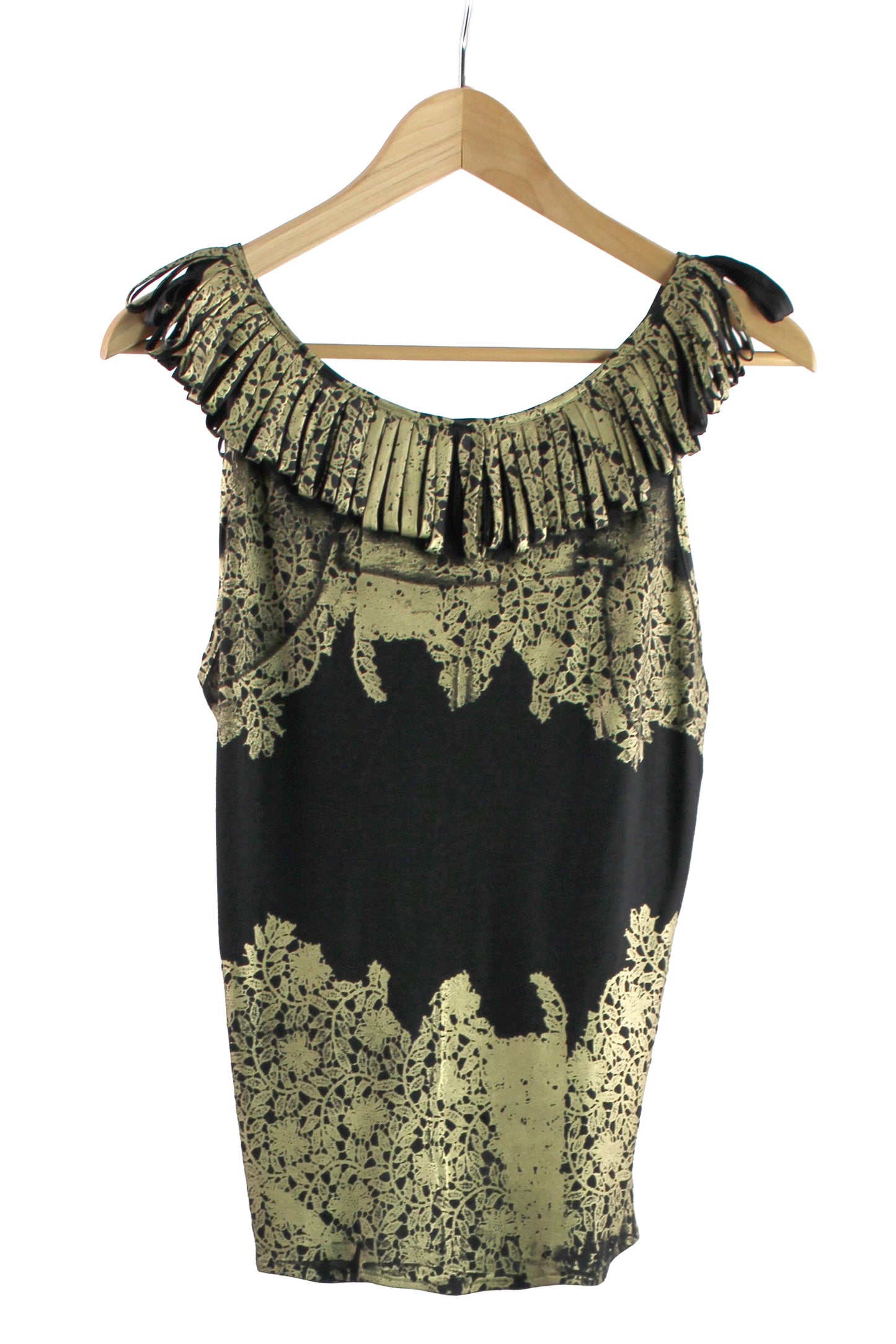 Black Cotton Razorback Top with Gold Lace Print