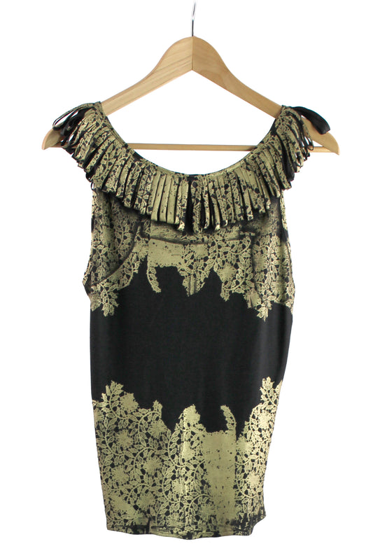 Black Cotton Razorback Top with Gold Lace Print