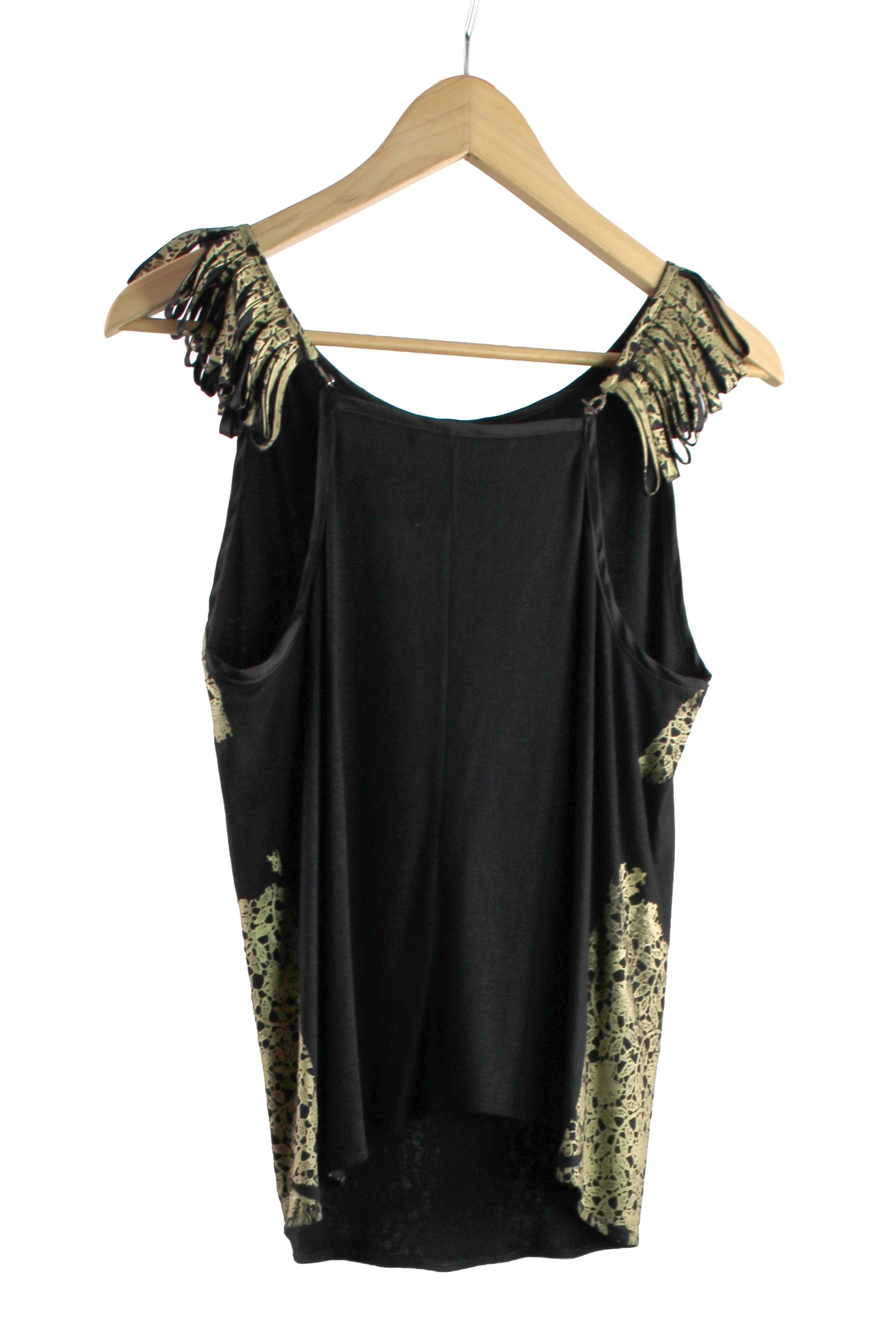 Black Cotton Razorback Top with Gold Lace Print