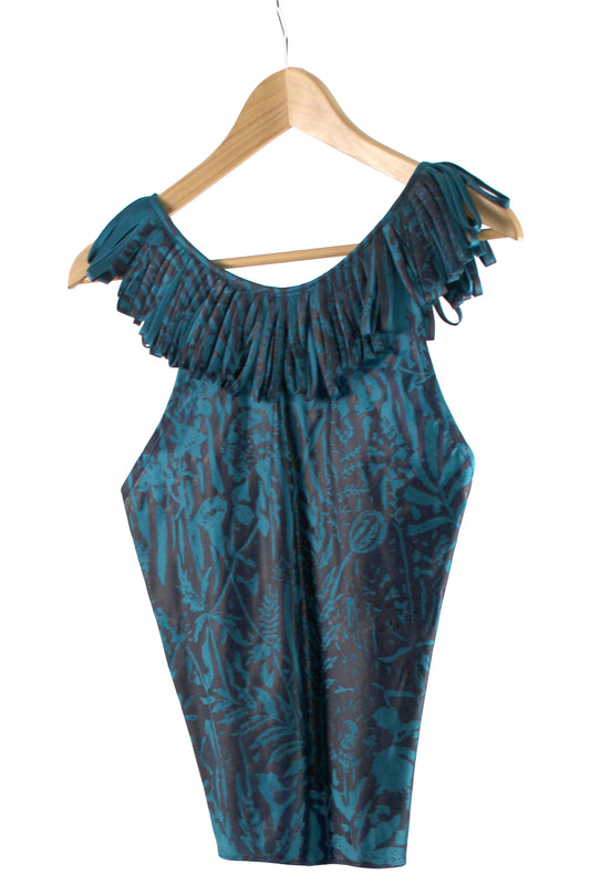 Deep Turquoise Silk Razorback with Navy Floral Print