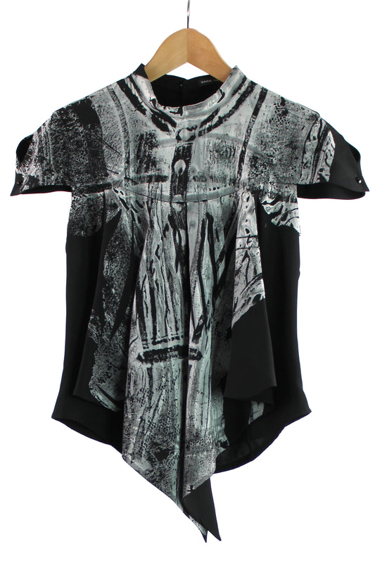Black Silk Top with White Print