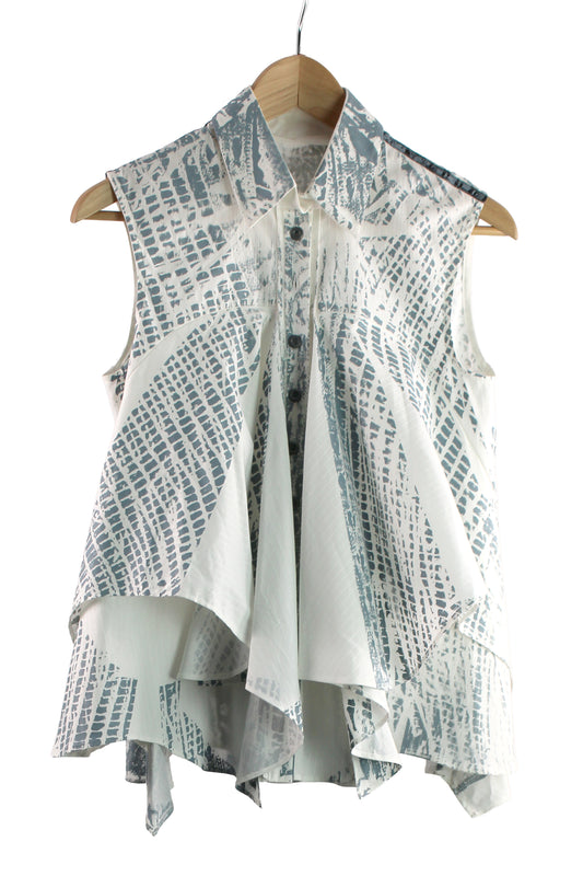 Sleeveless White Cotton Blouse with Greyblue Print