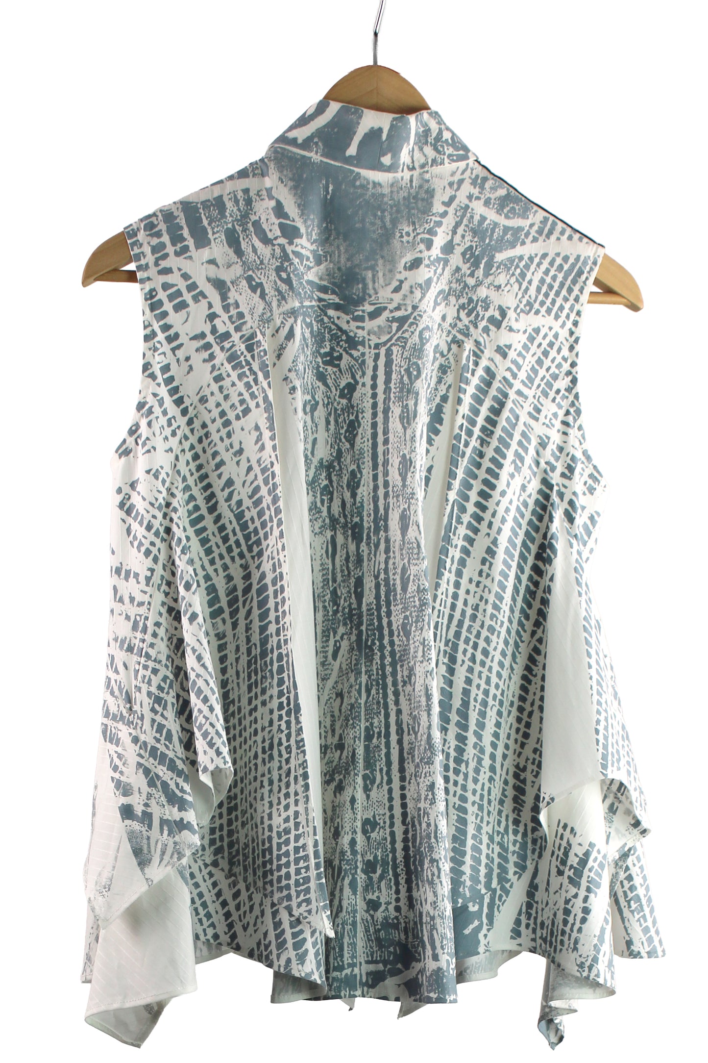 Sleeveless White Cotton Blouse with Greyblue Print