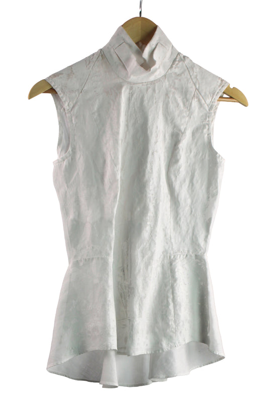 White Linen Sleeveless Top with White Print