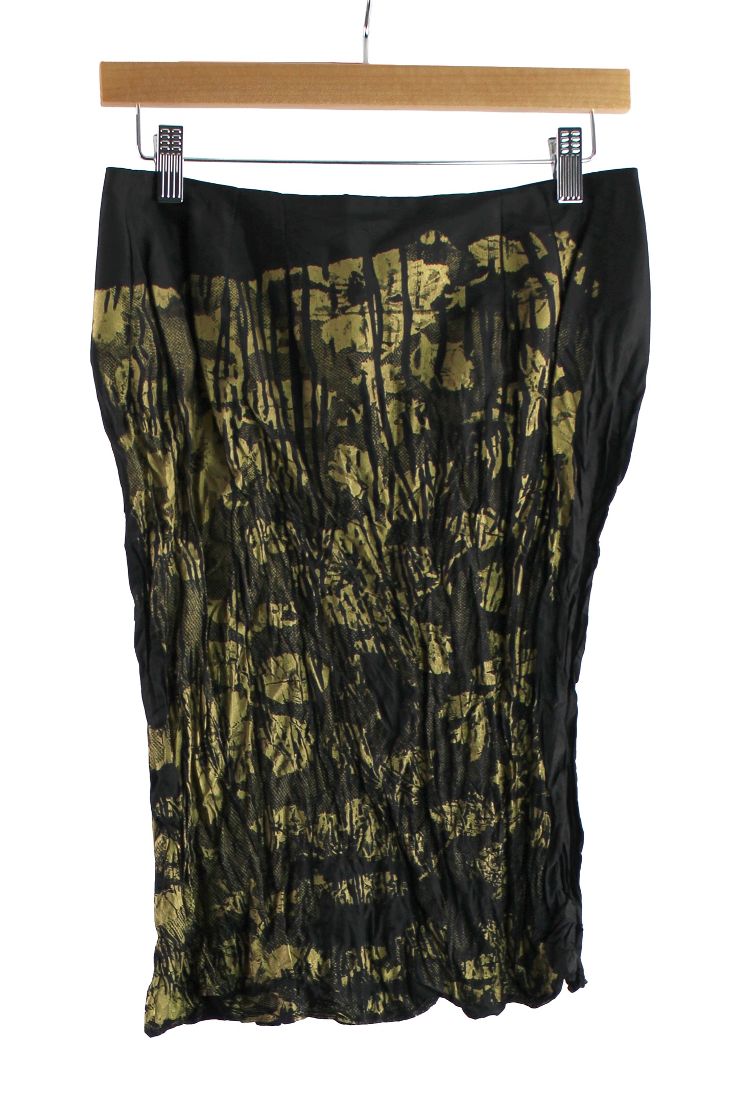 Black Crinkle Skirt with Gold Lace Print