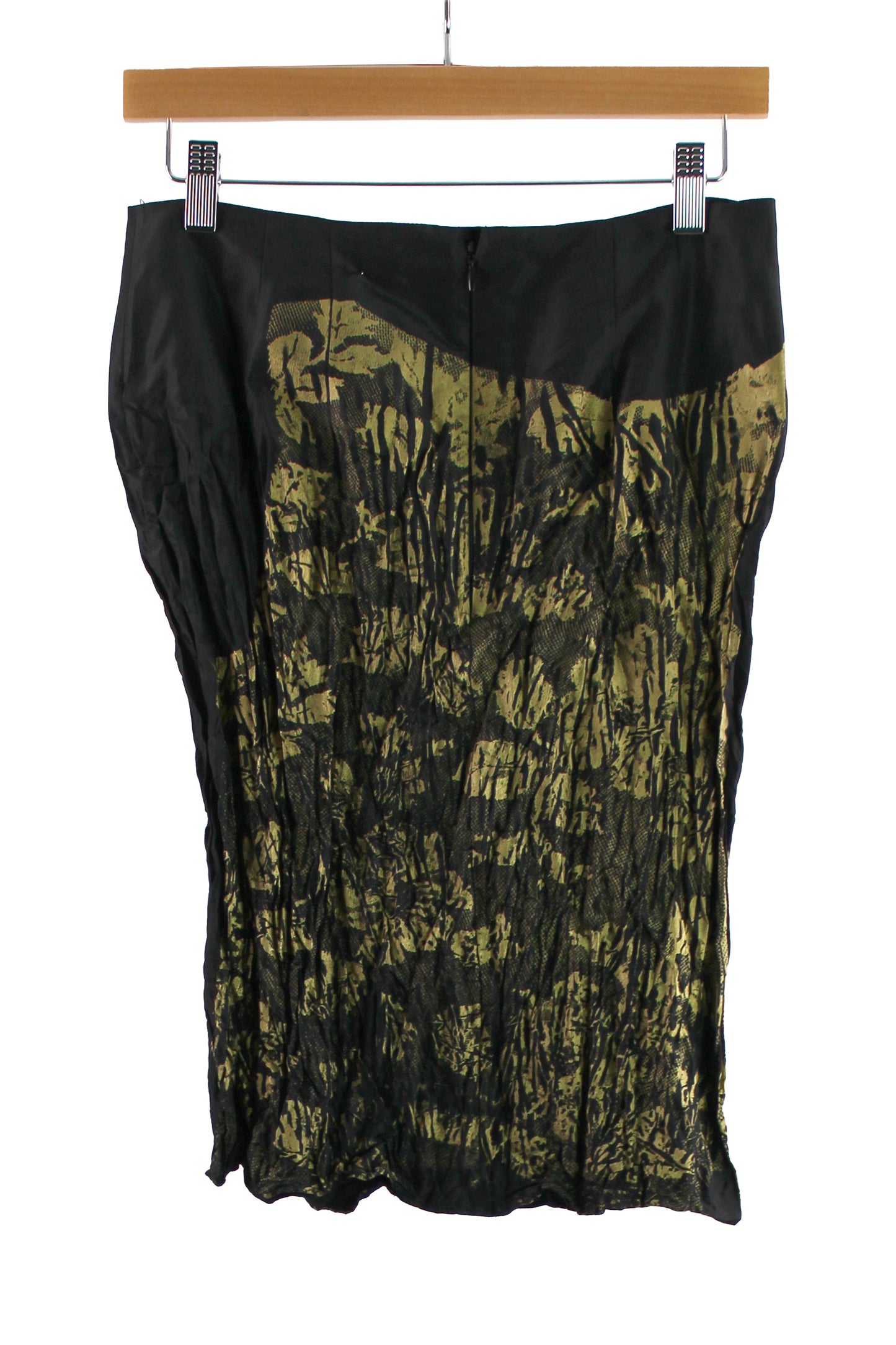 Black Crinkle Skirt with Gold Lace Print