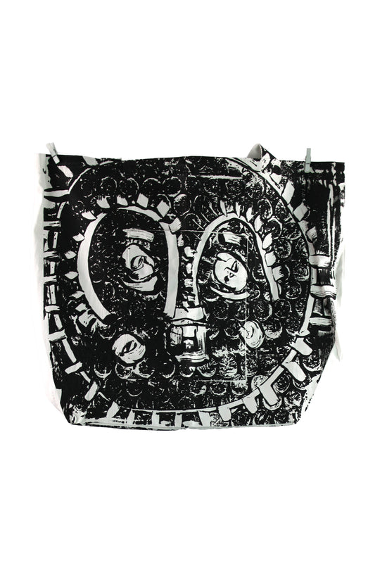 White Cotton Tote with Black Mask Print