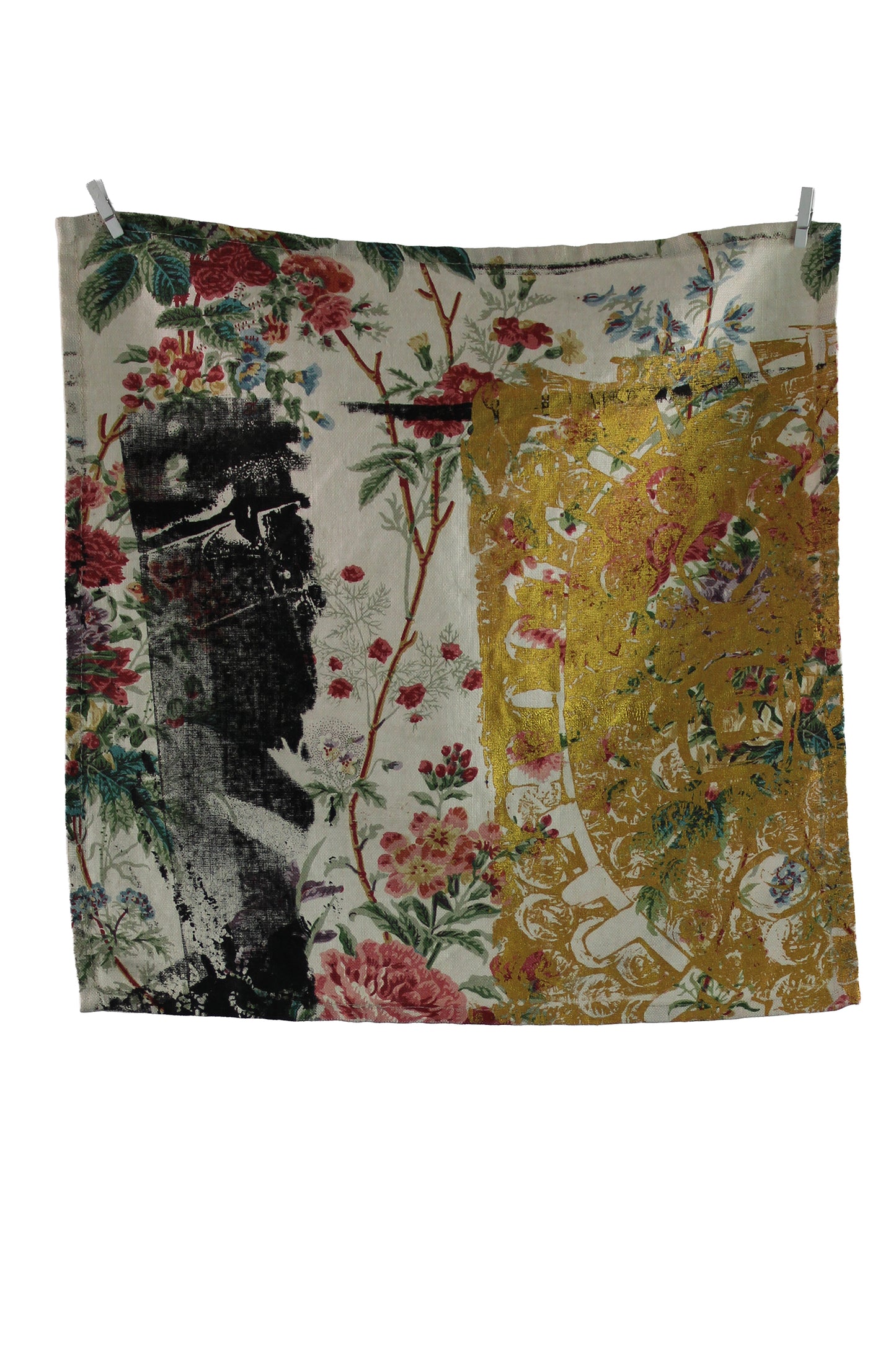 Floral Linen Napkin with Gold and Black Print