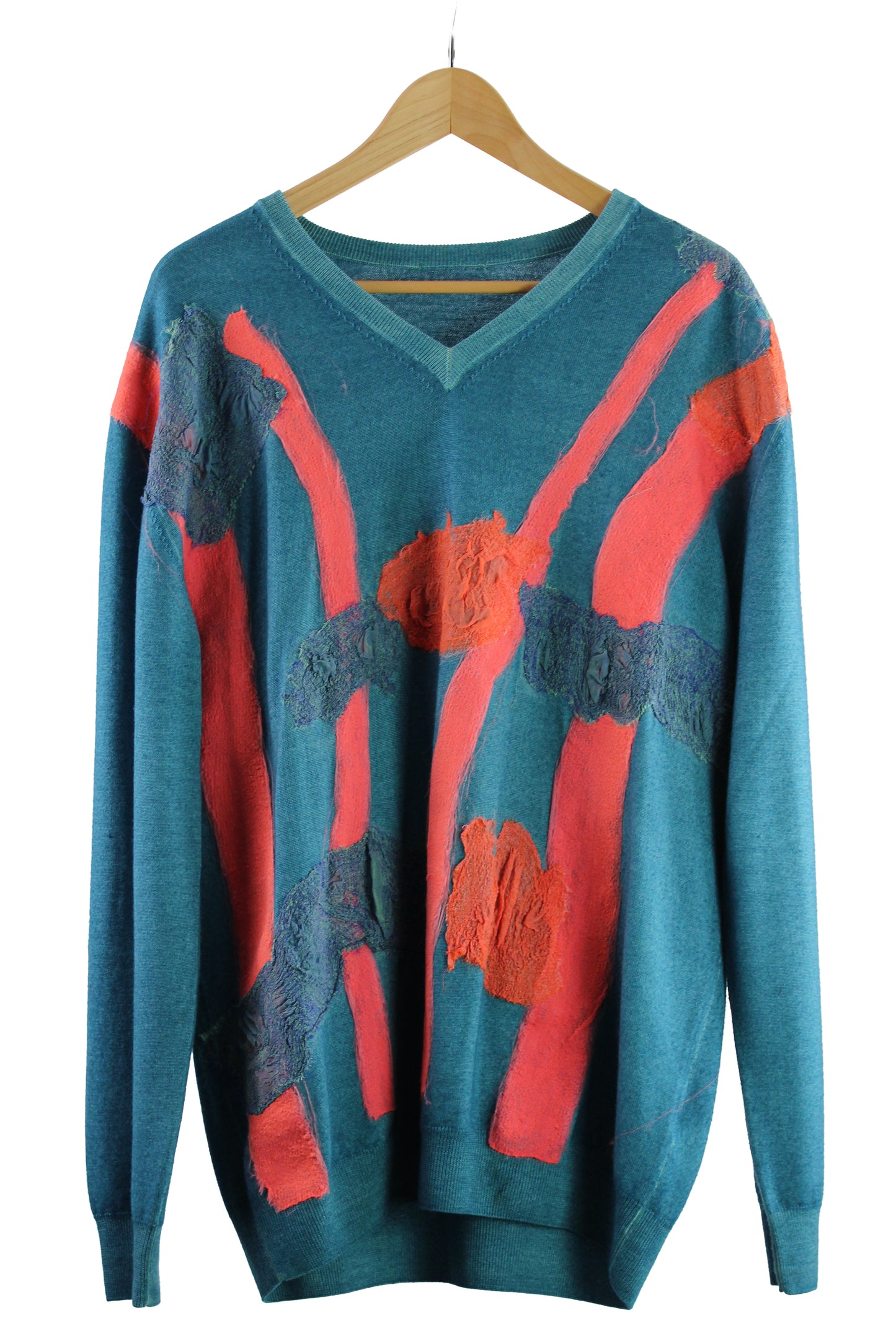 Men's V-Neck Turquoise Wool Sweater with Felting