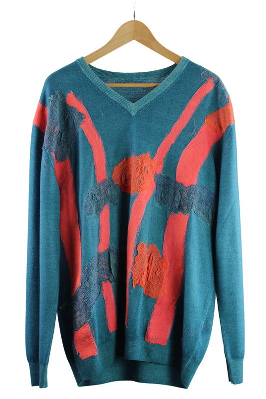 Men's V-Neck Turquoise Wool Sweater with Felting