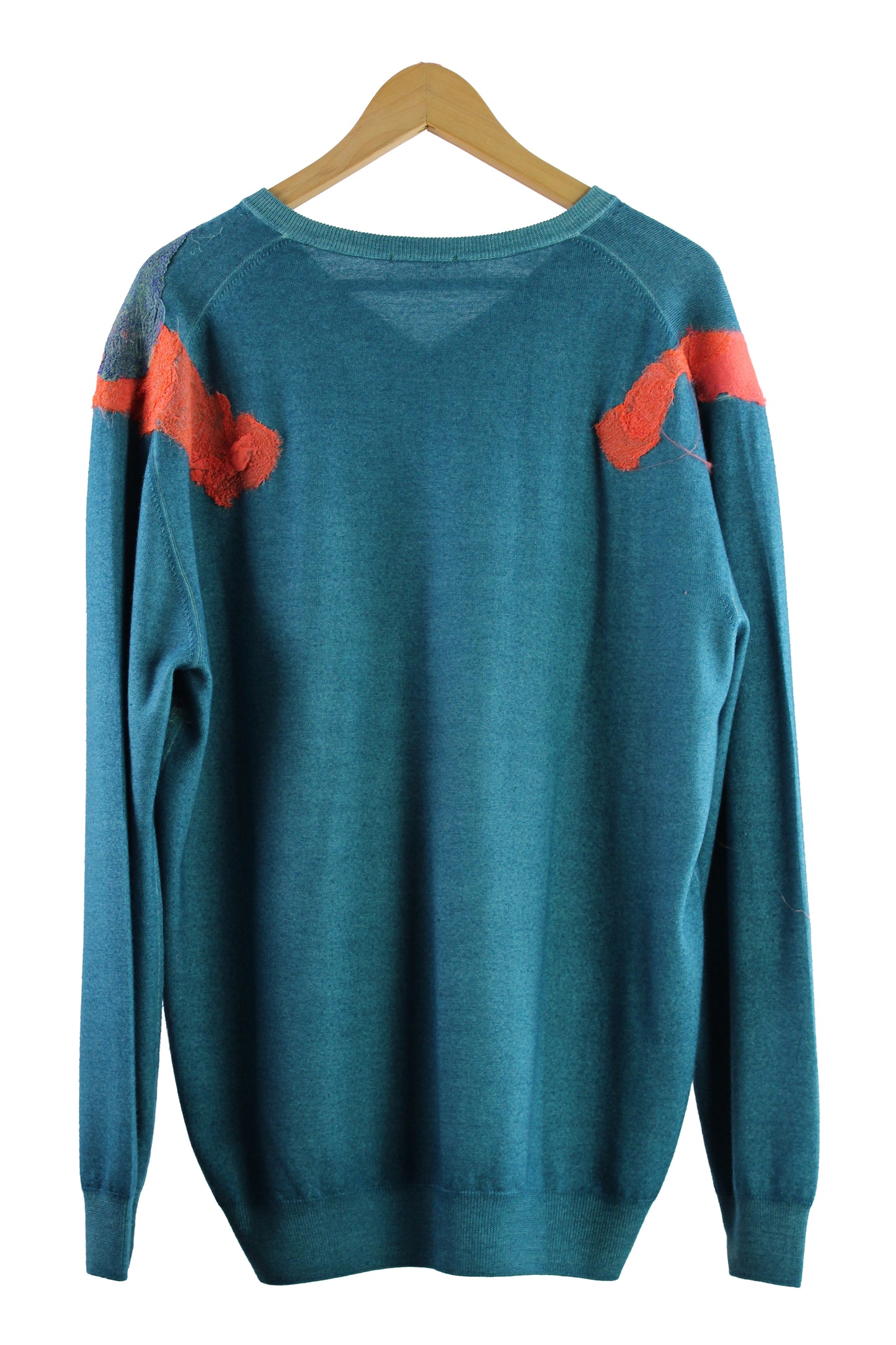 Men's V-Neck Turquoise Wool Sweater with Felting