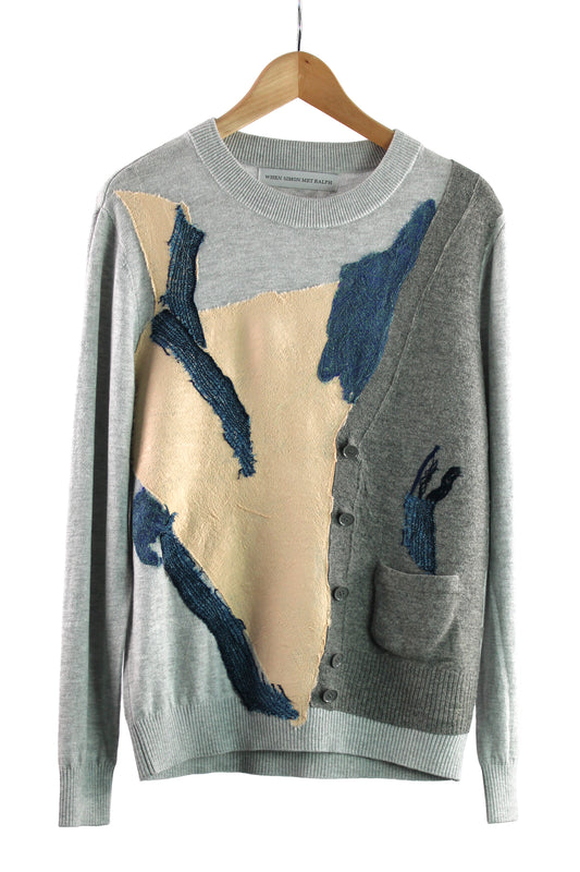 Men's Grey Cashmere Sweater with Blue,Peach and Dark Grey Felt