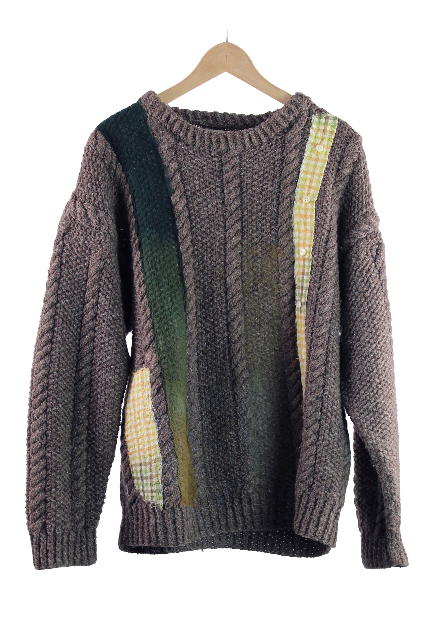 Hand Woven Brown Cable Knit Sweater with Green Felt
