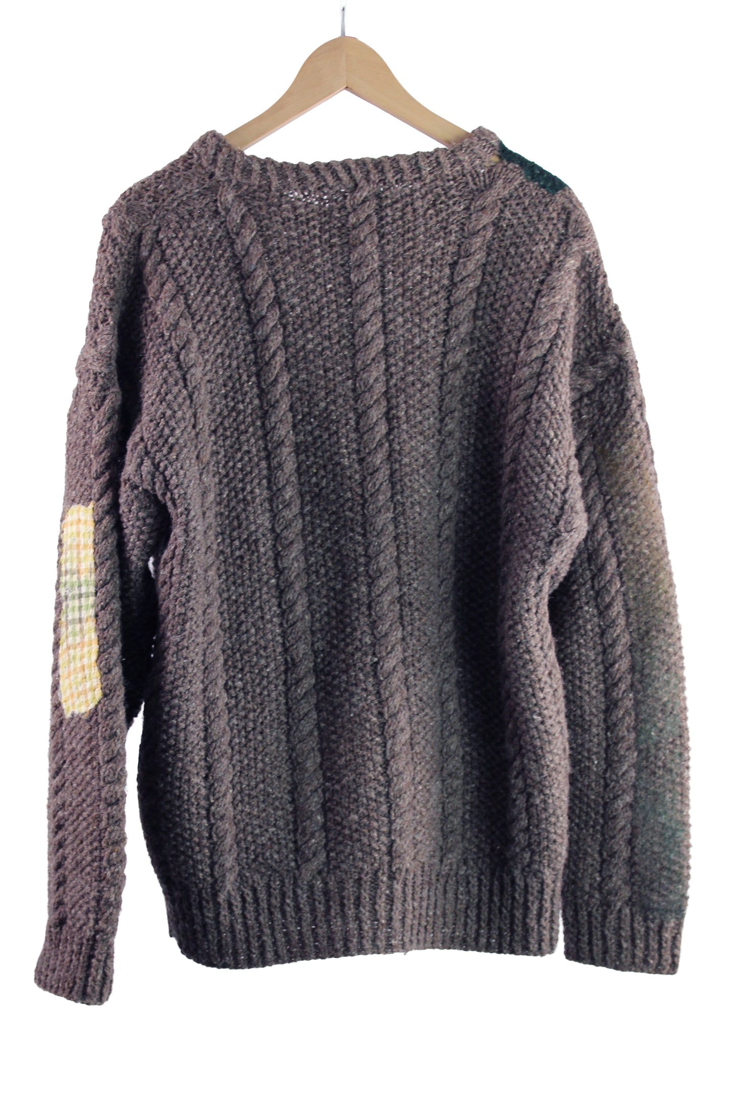 Hand Woven Brown Cable Knit Sweater with Green Felt
