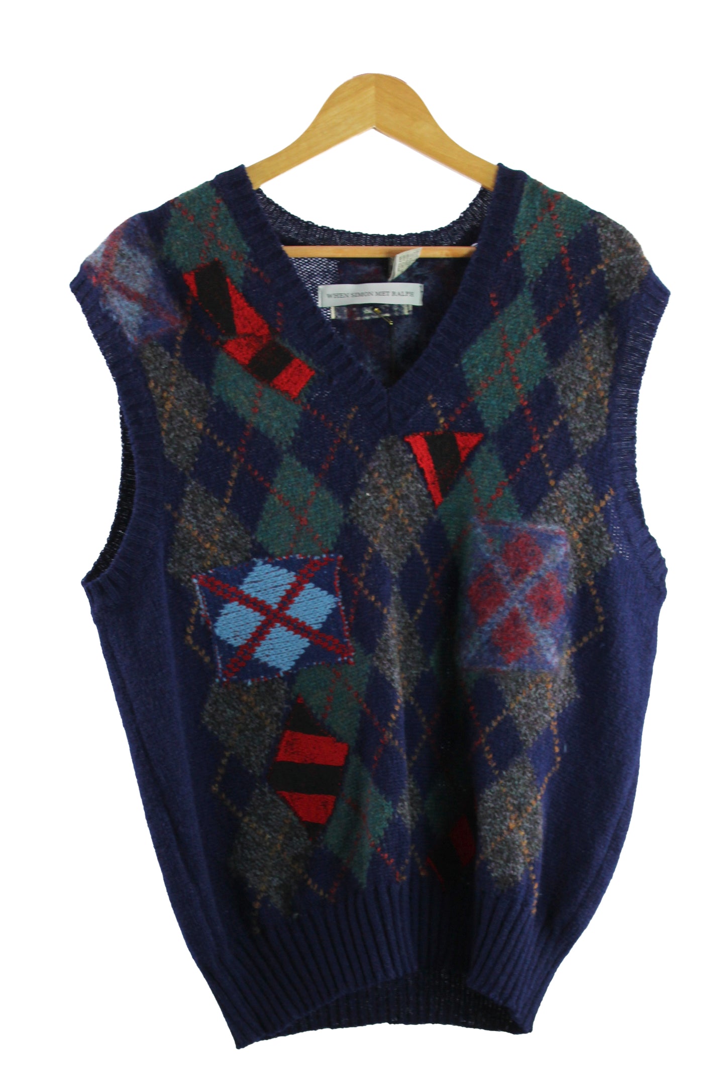 Blue and Green Argyle Wool Sweater Vest with Felt