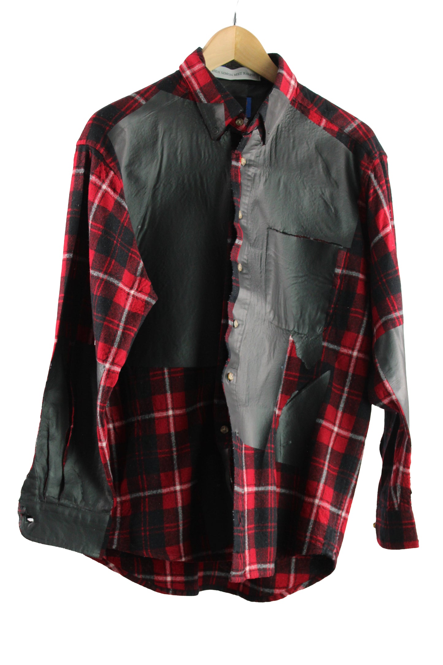 Men's Wool Red Plaid Flannel Shirt with Black Foil Application