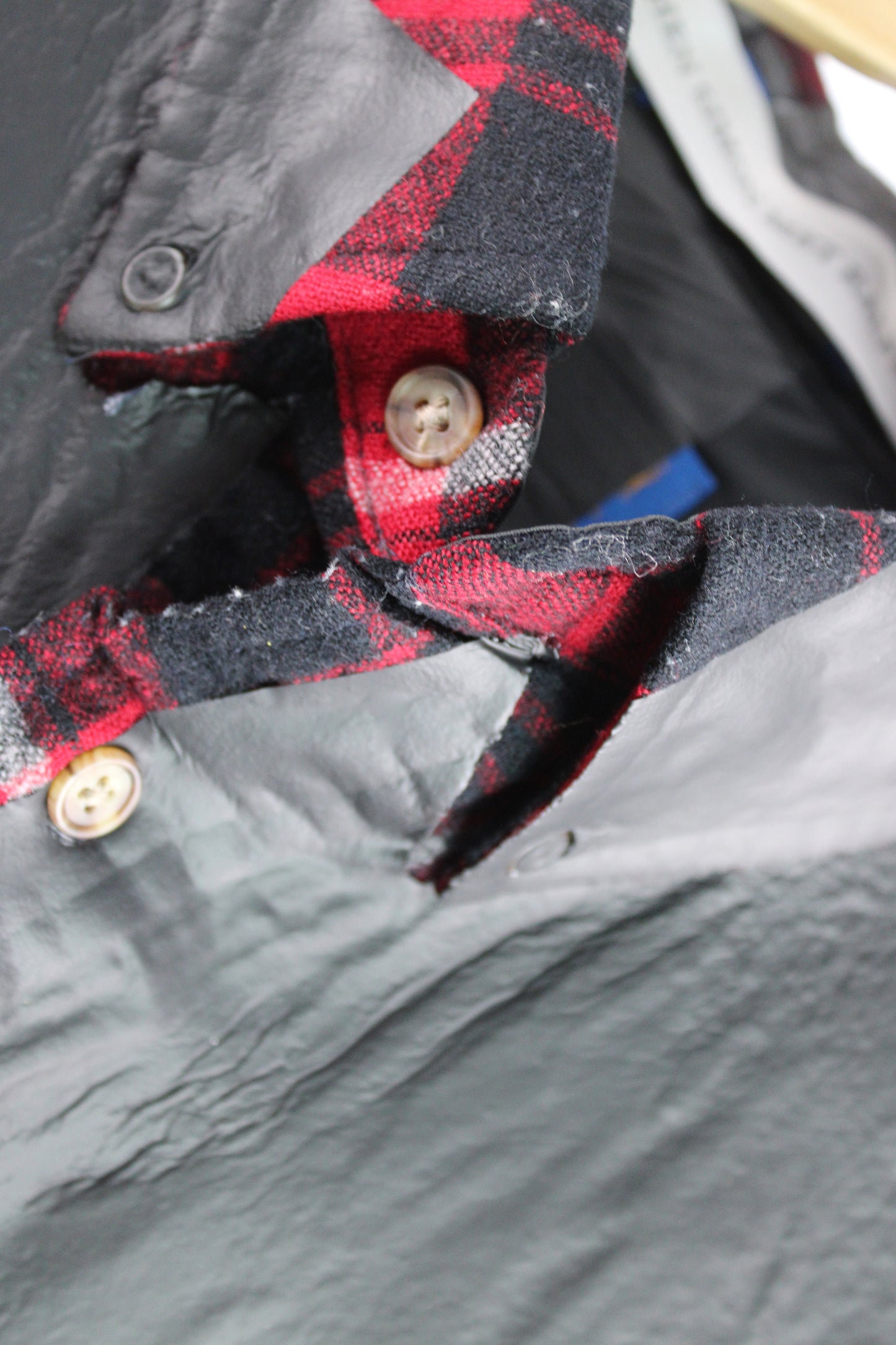 Men's Wool Red Plaid Flannel Shirt with Black Foil Application
