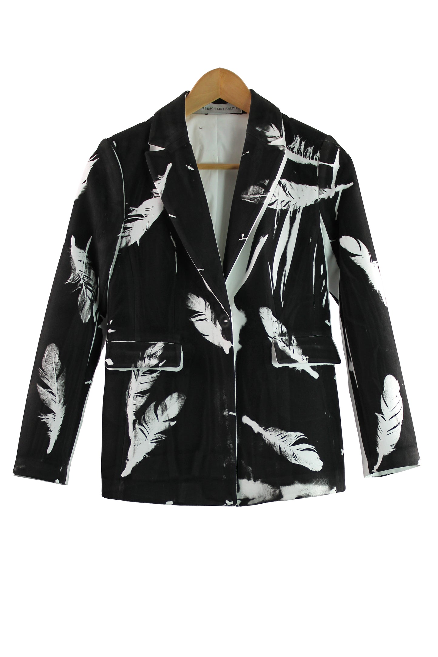 Women's Rayon Blend White Blazer with Black Feather Print
