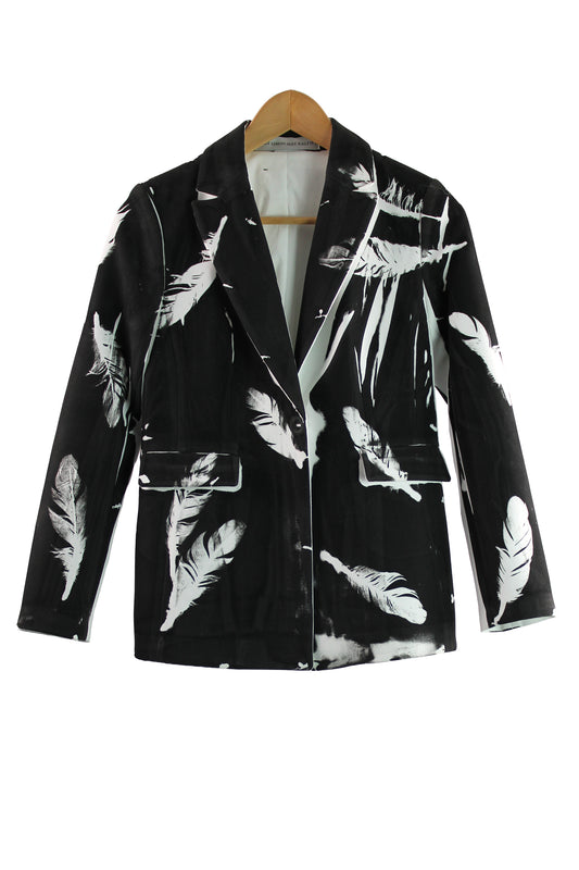 Women's Rayon Blend White Blazer with Black Feather Print