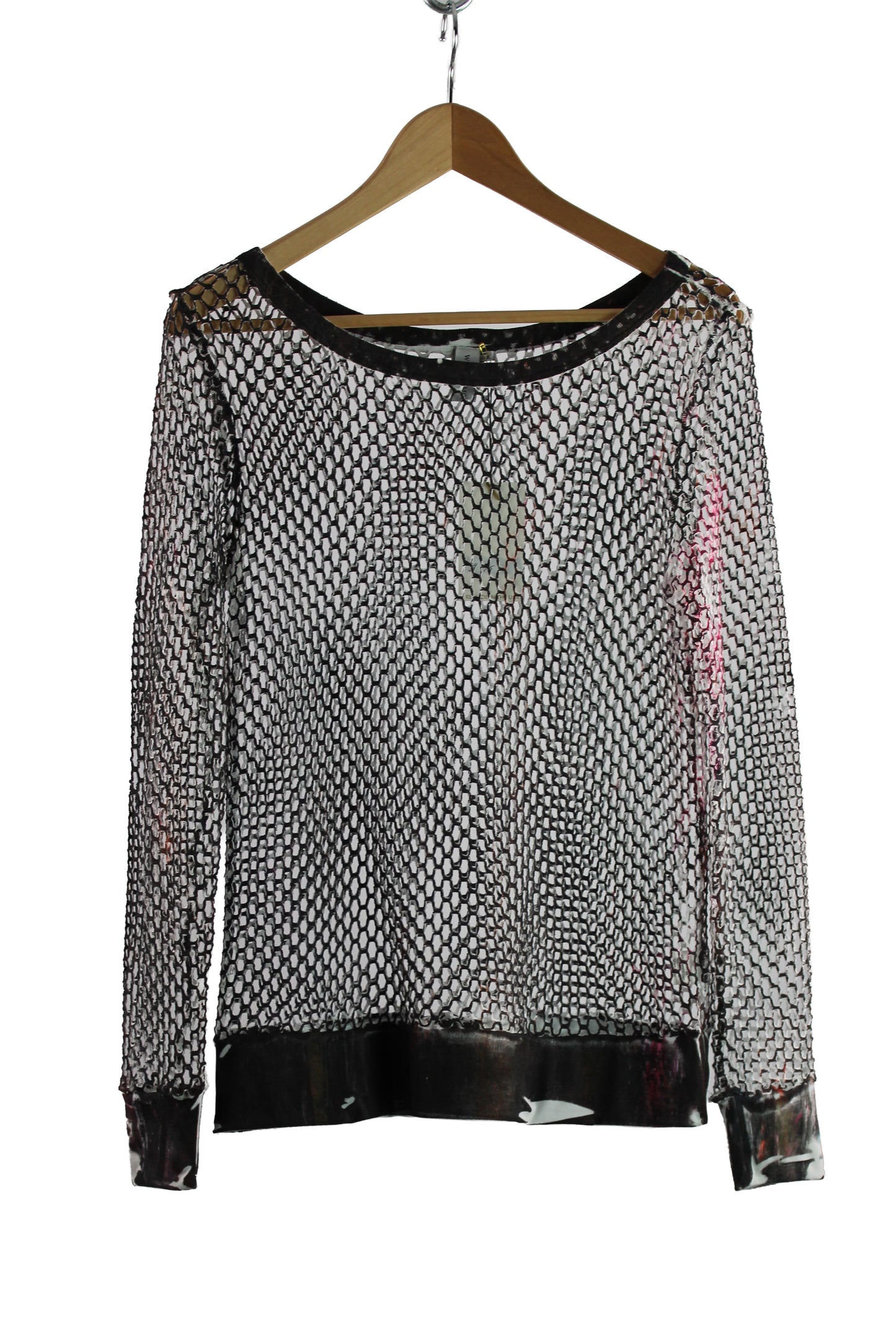 Women's Long Sleeve White Cotton Net Sweater with Multi Color Print