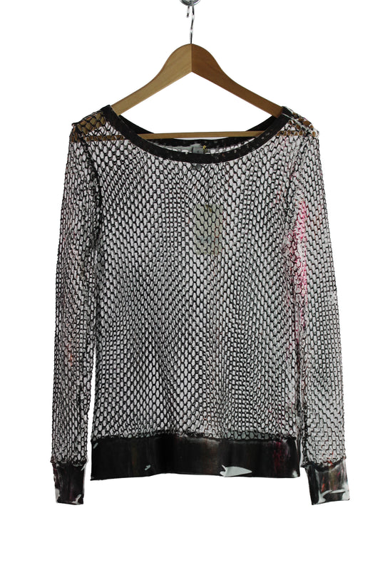 Women's Long Sleeve White Cotton Net Sweater with Multi Color Print