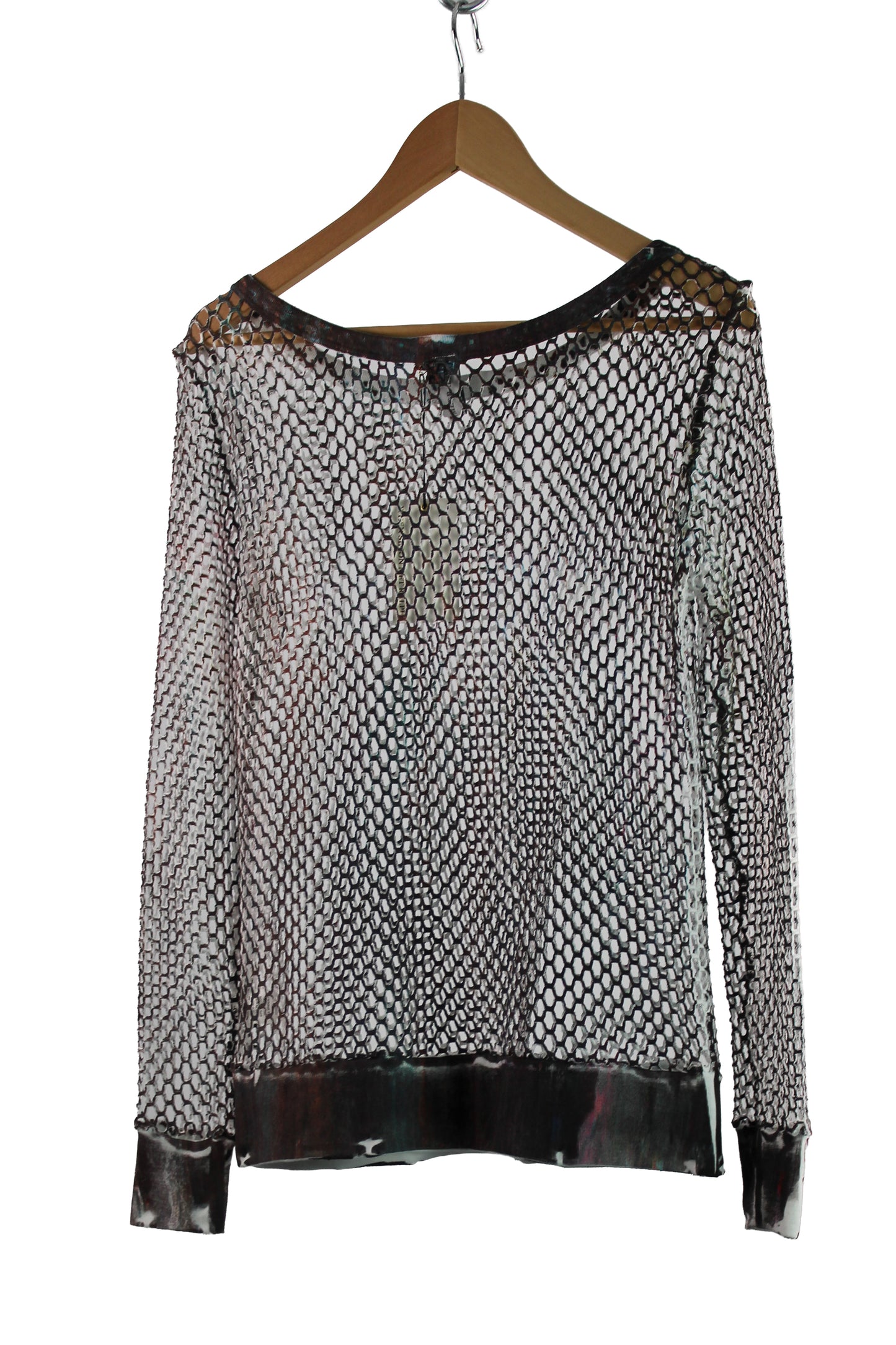 Women's Long Sleeve White Cotton Net Sweater with Multi Color Print