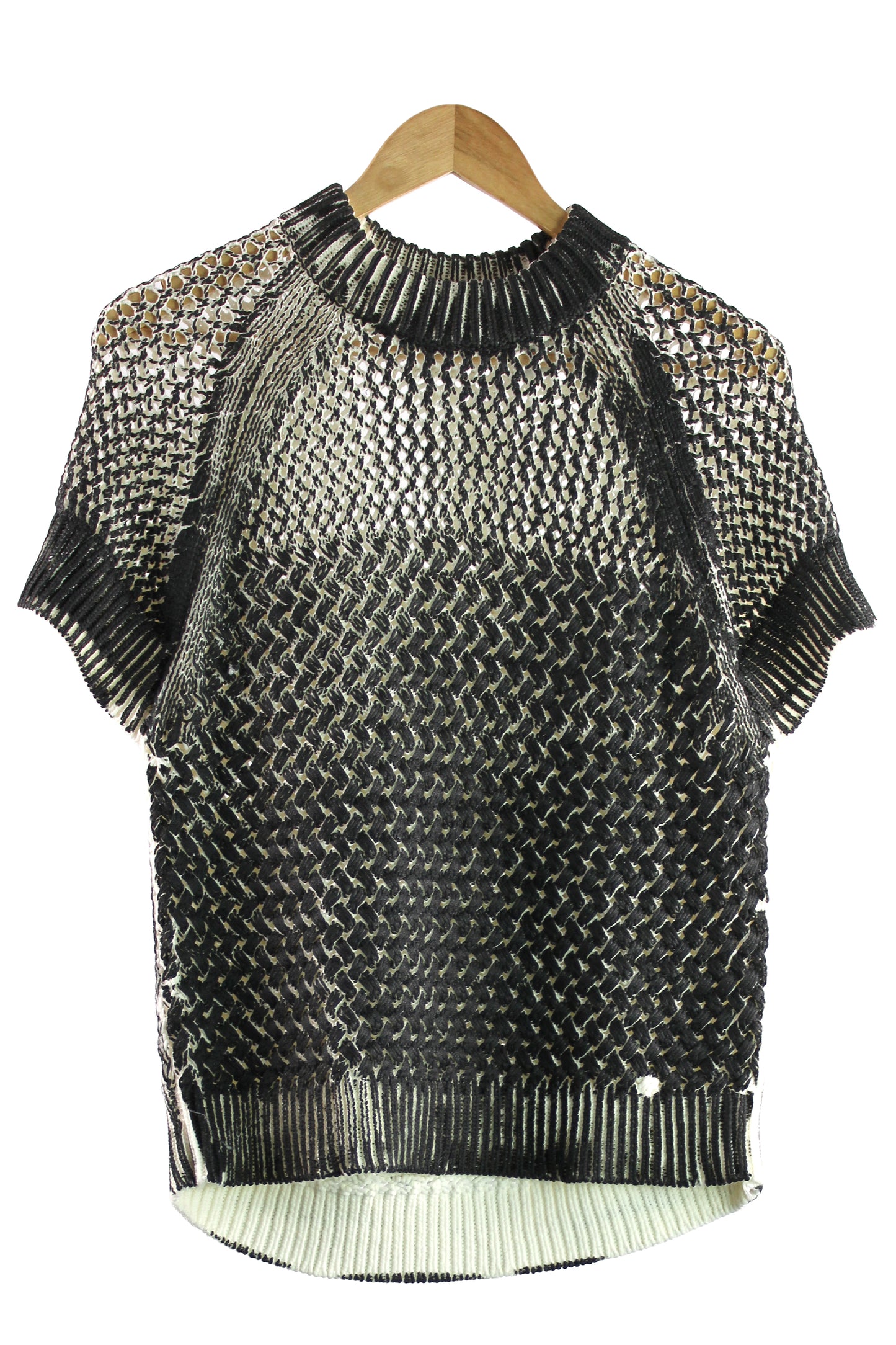 Women's Cream Knit Short Sleeve Cotton Sweater With Black Over Print