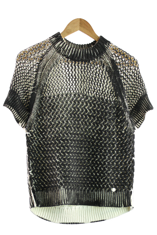Women's Cream Knit Short Sleeve Cotton Sweater With Black Over Print