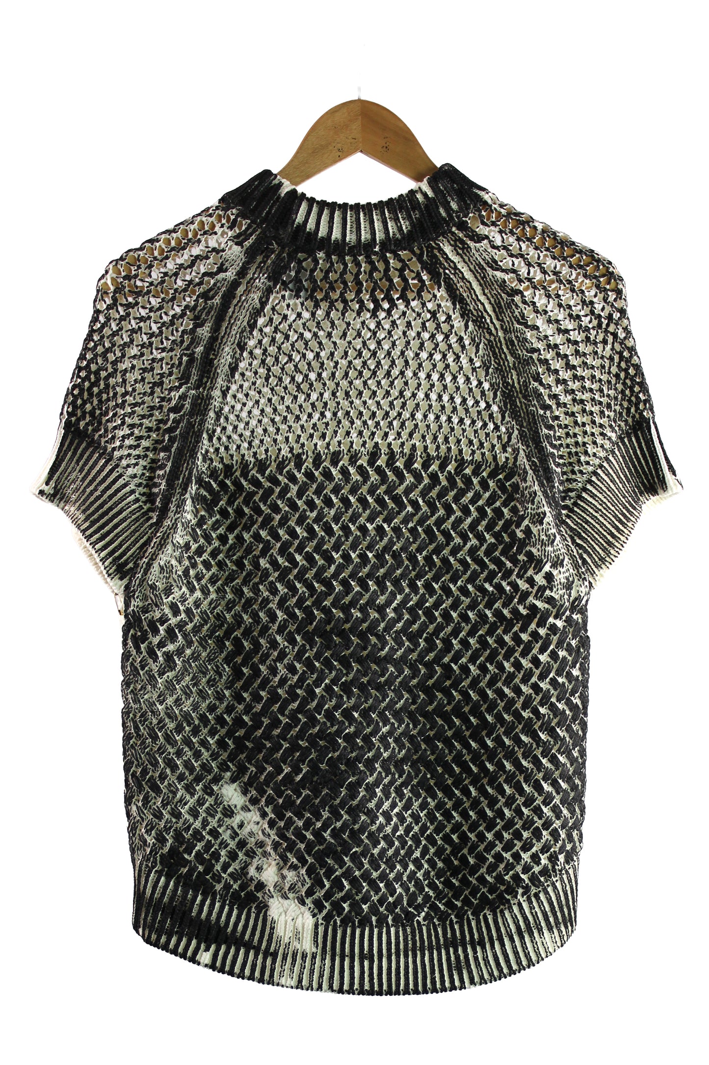 Women's Cream Knit Short Sleeve Cotton Sweater With Black Over Print