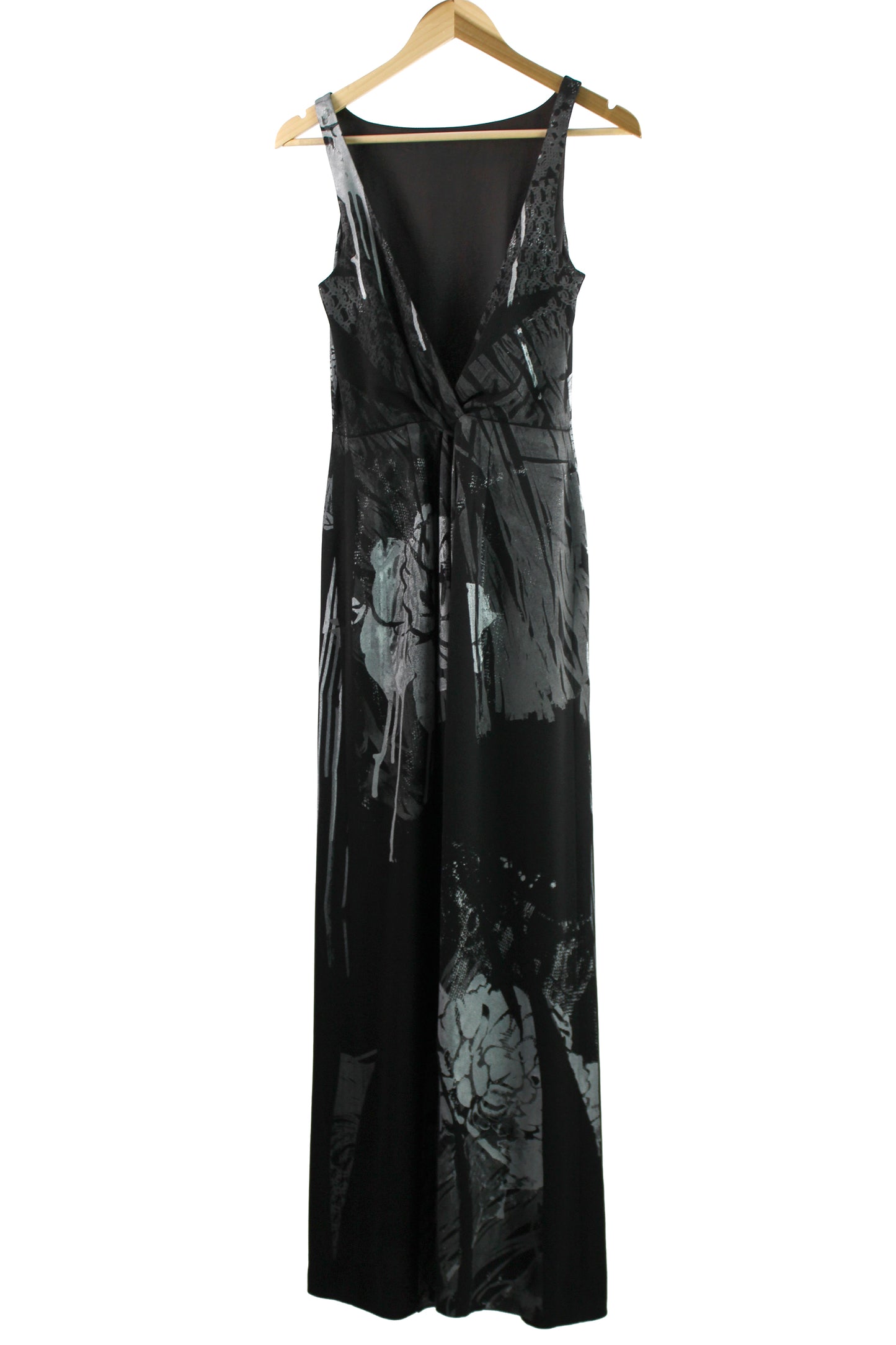 Sleeveless Floor Length Black Rayon Dress with Silver Print