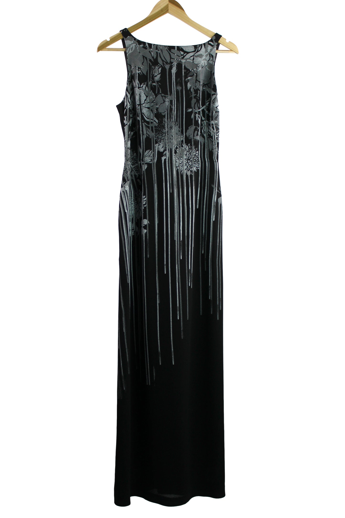 Sleeveless Floor Length Black Rayon Dress with Silver Print