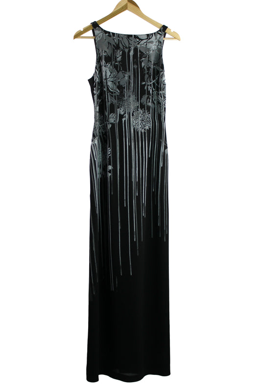Sleeveless Floor Length Black Rayon Dress with Silver Print