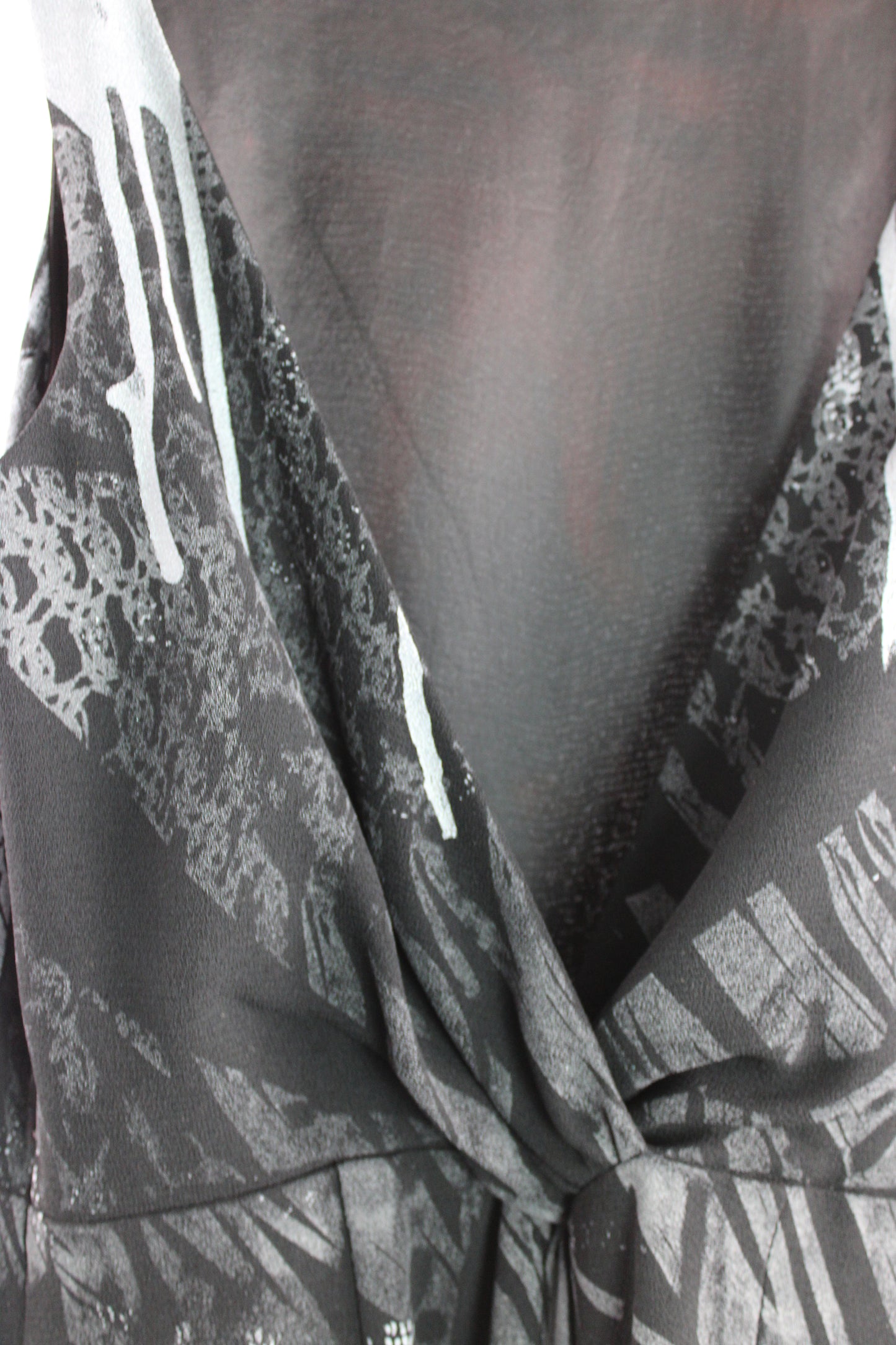 Sleeveless Floor Length Black Rayon Dress with Silver Print