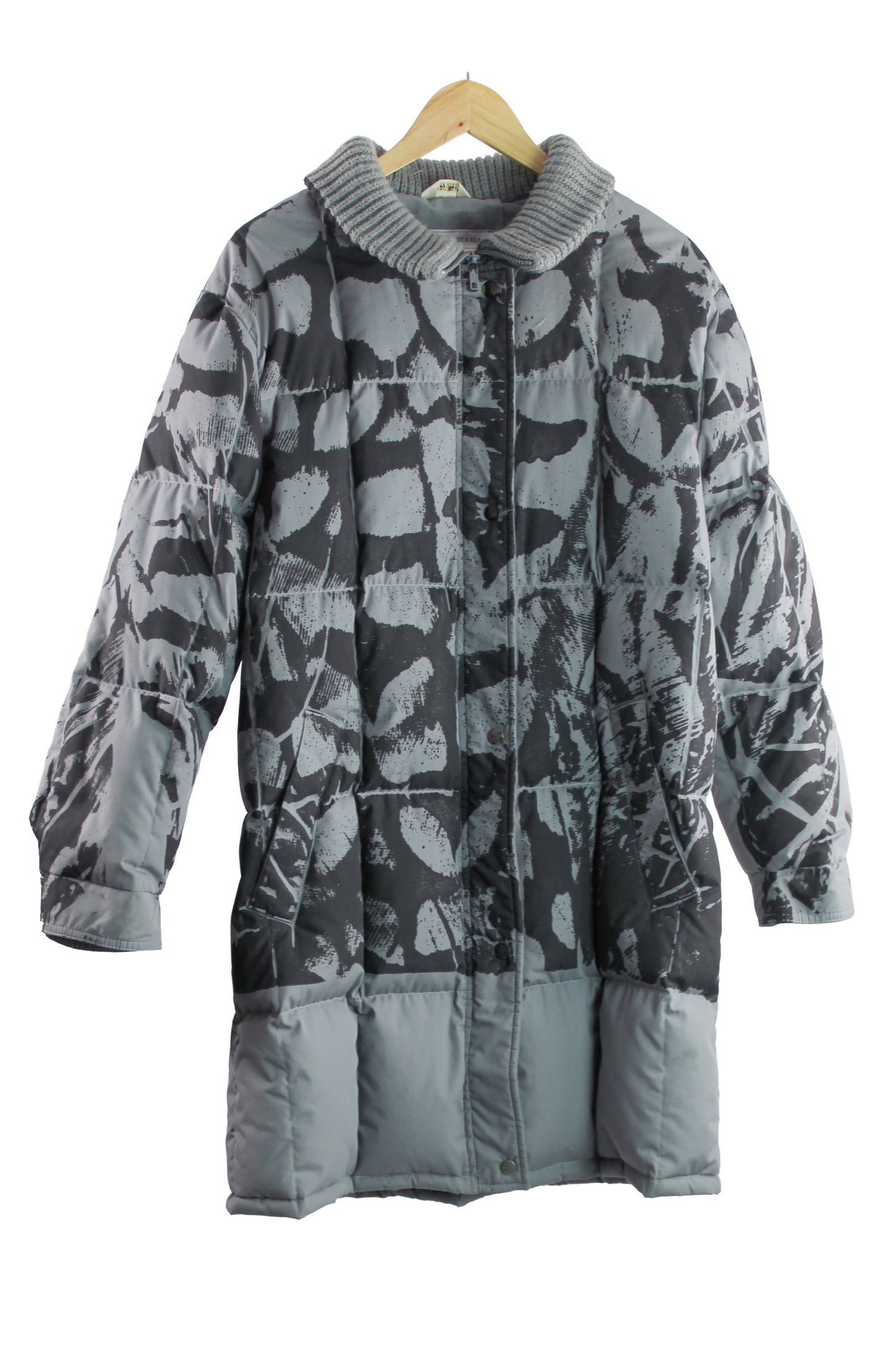 Grey Down Puffer Coat with Black Abstract Feather Print