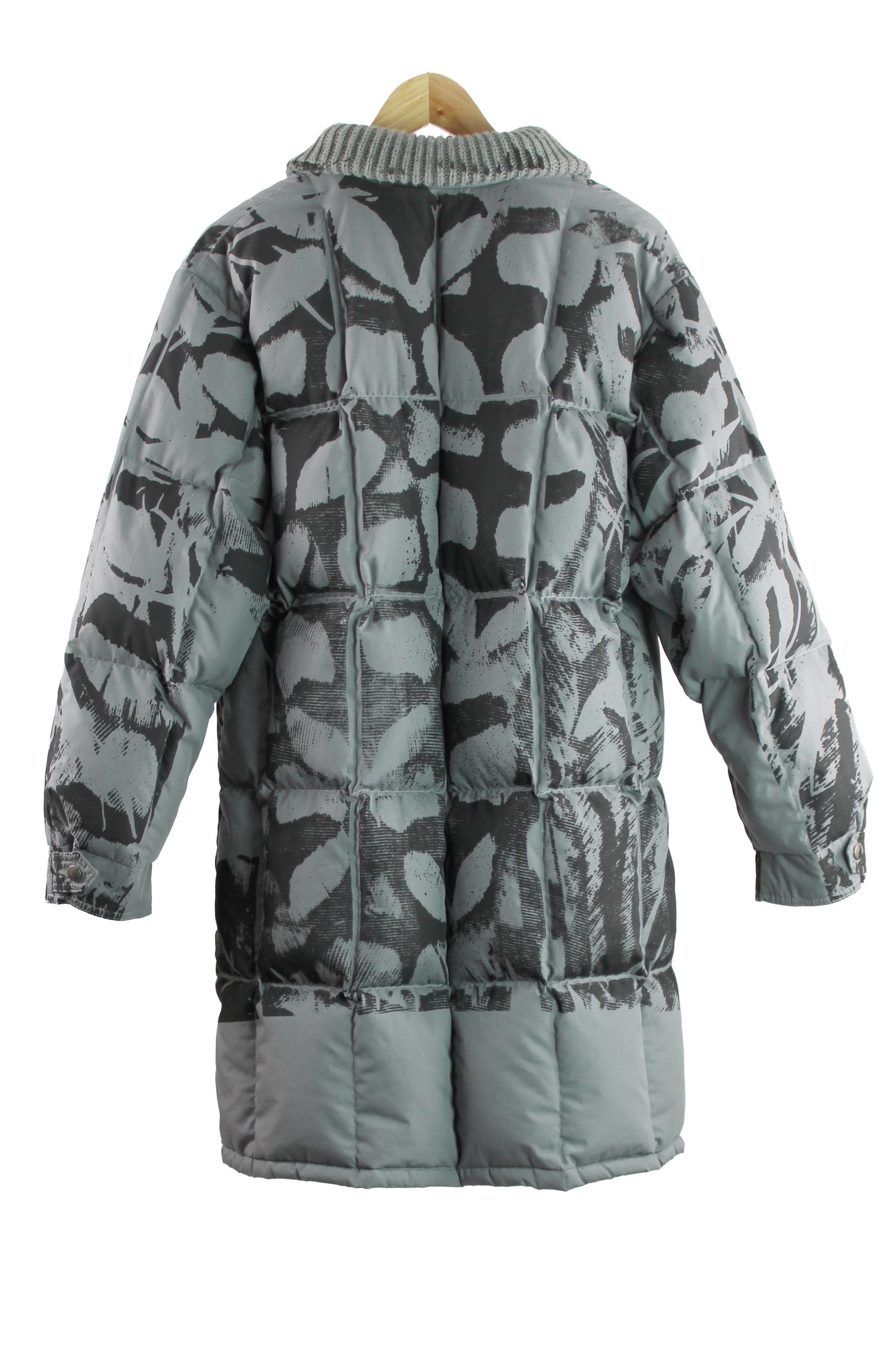 Grey Down Puffer Coat with Black Abstract Feather Print