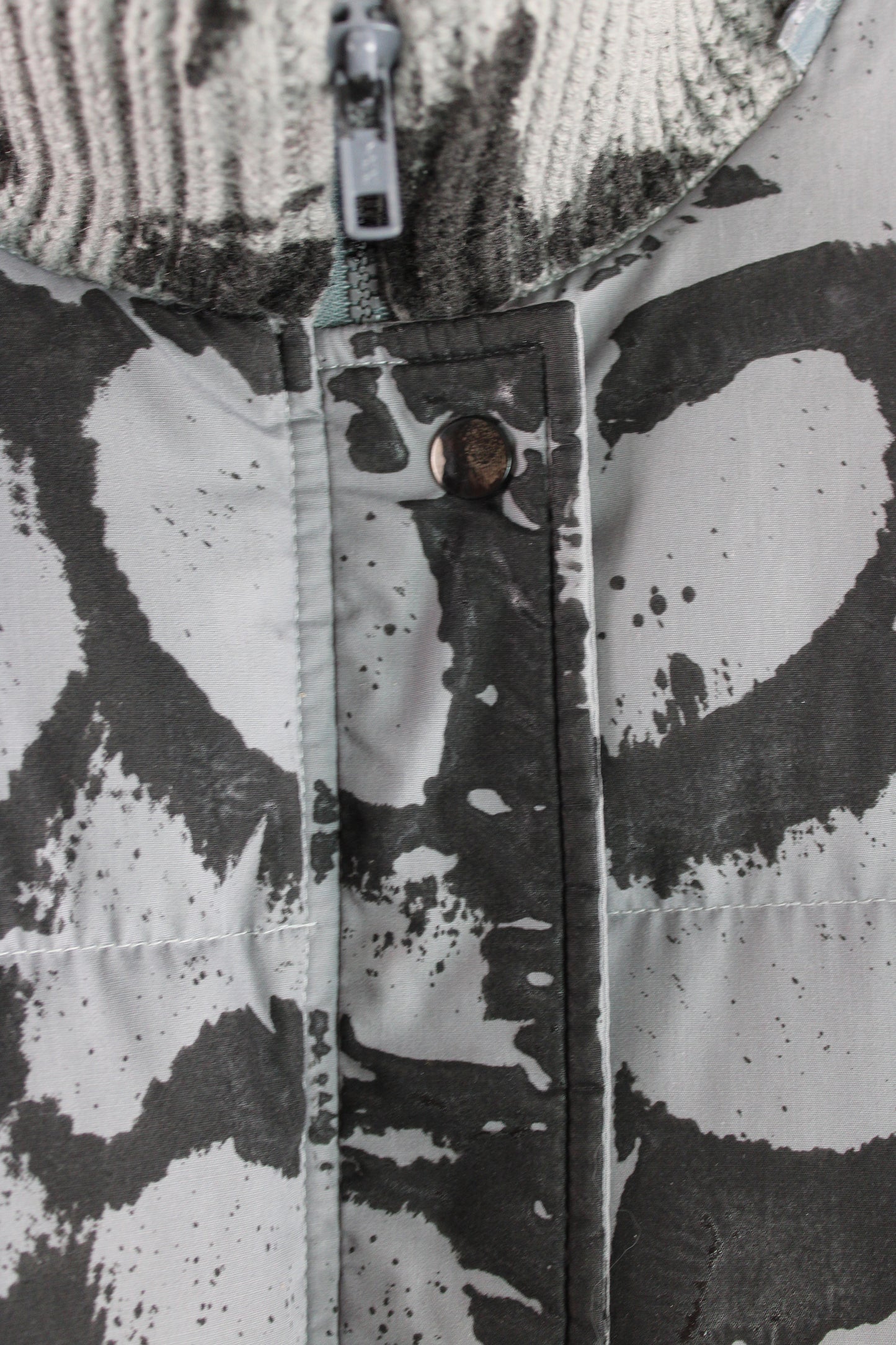 Grey Down Puffer Coat with Black Abstract Feather Print